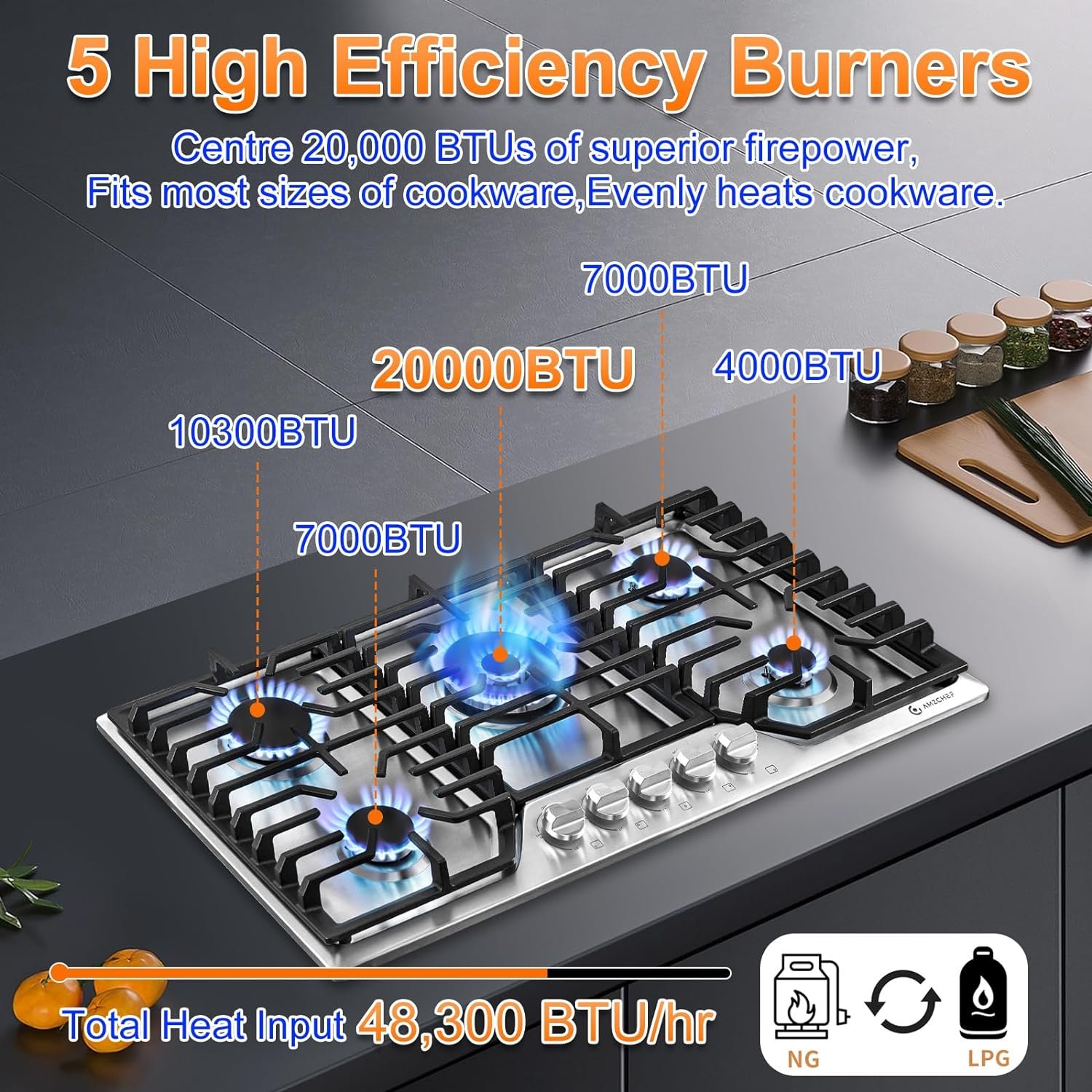 AMZCHEF 36 inch Gas Cooktop with 5 Power Burners Total 48300 BTU,Built-in Gas Stove top of 304 Stainless steel,Gas Hob NG/LPG Convertible,ETL Certified，