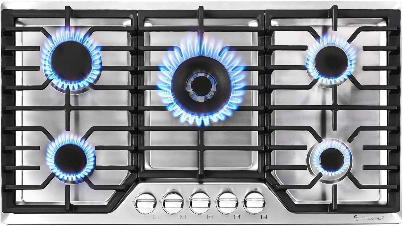 AMZCHEF 36 inch Gas Cooktop with 5 Power Burners Total 48300 BTU,Built-in Gas Stove top of 304 Stainless steel,Gas Hob NG/LPG Convertible,ETL Certified，