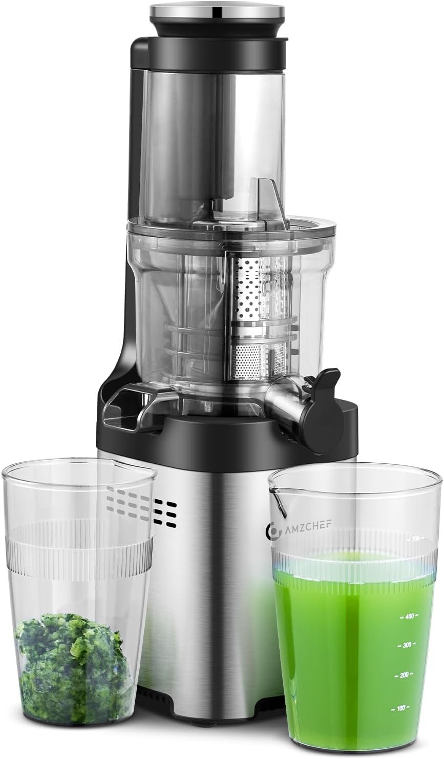 AMZCHEF Cold Press Juicer - Juicer Machine with Large Feed Chute for Whole Fruits and Vegetables - Durable Stainless Steel Masticating Juicer, Large Auger, Double Strainers (sliver) AMZCHEF Cold Press Juicer - Juicer Machine with Large Feed Chute for Whole Fruits and Vegetables - Durable Stainless Steel Masticating Juicer, Large Auger, Double Strainers (sliver)