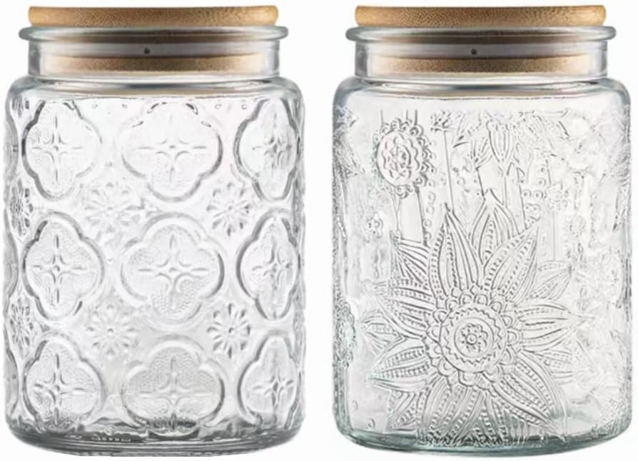 ANSQU Vintage Glass Jars Set Canister Airtight Storage Jar Container with Bamboo Wooden Lids for Kitchen Counter, Pantry, Coffee, Tea, Sugar, Cute Jar, 2 Pack 23.7 FL OZ (Begonia  Sunflower) ANSQU Vintage Glass Jars Set Canister Airtight Storage Jar Container with Bamboo Wooden Lids for Kitchen Counter, Pantry, Coffee, Tea, Sugar, Cute Jar, 2 Pack 23.7 FL OZ (Begonia  Sunflower)