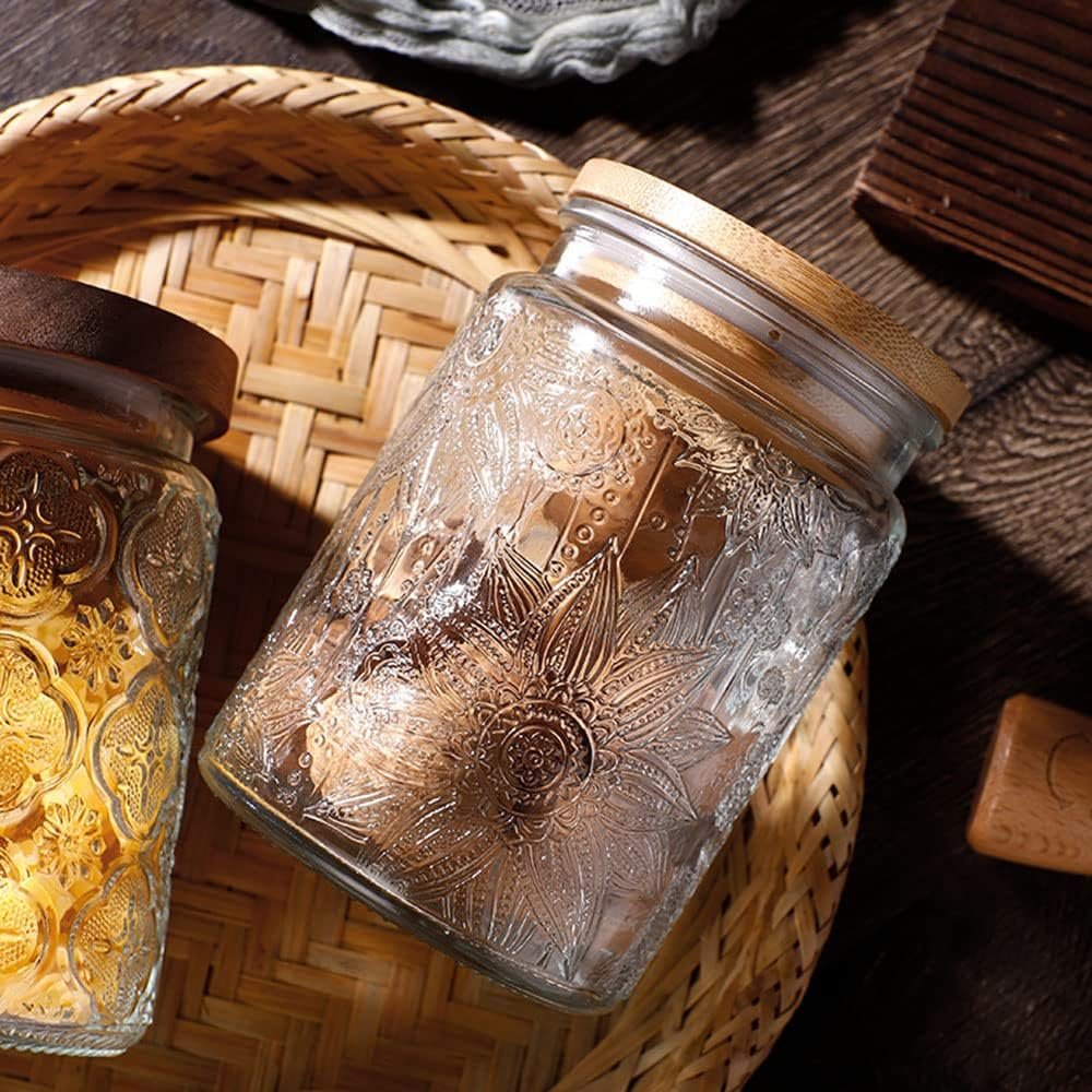 ANSQU Vintage Glass Jars Set Canister Airtight Storage Jar Container with Bamboo Wooden Lids for Kitchen Counter, Pantry, Coffee, Tea, Sugar, Cute Jar, 2 Pack 23.7 FL OZ (Begonia  Sunflower) ANSQU Vintage Glass Jars Set Canister Airtight Storage Jar Container with Bamboo Wooden Lids for Kitchen Counter, Pantry, Coffee, Tea, Sugar, Cute Jar, 2 Pack 23.7 FL OZ (Begonia  Sunflower)