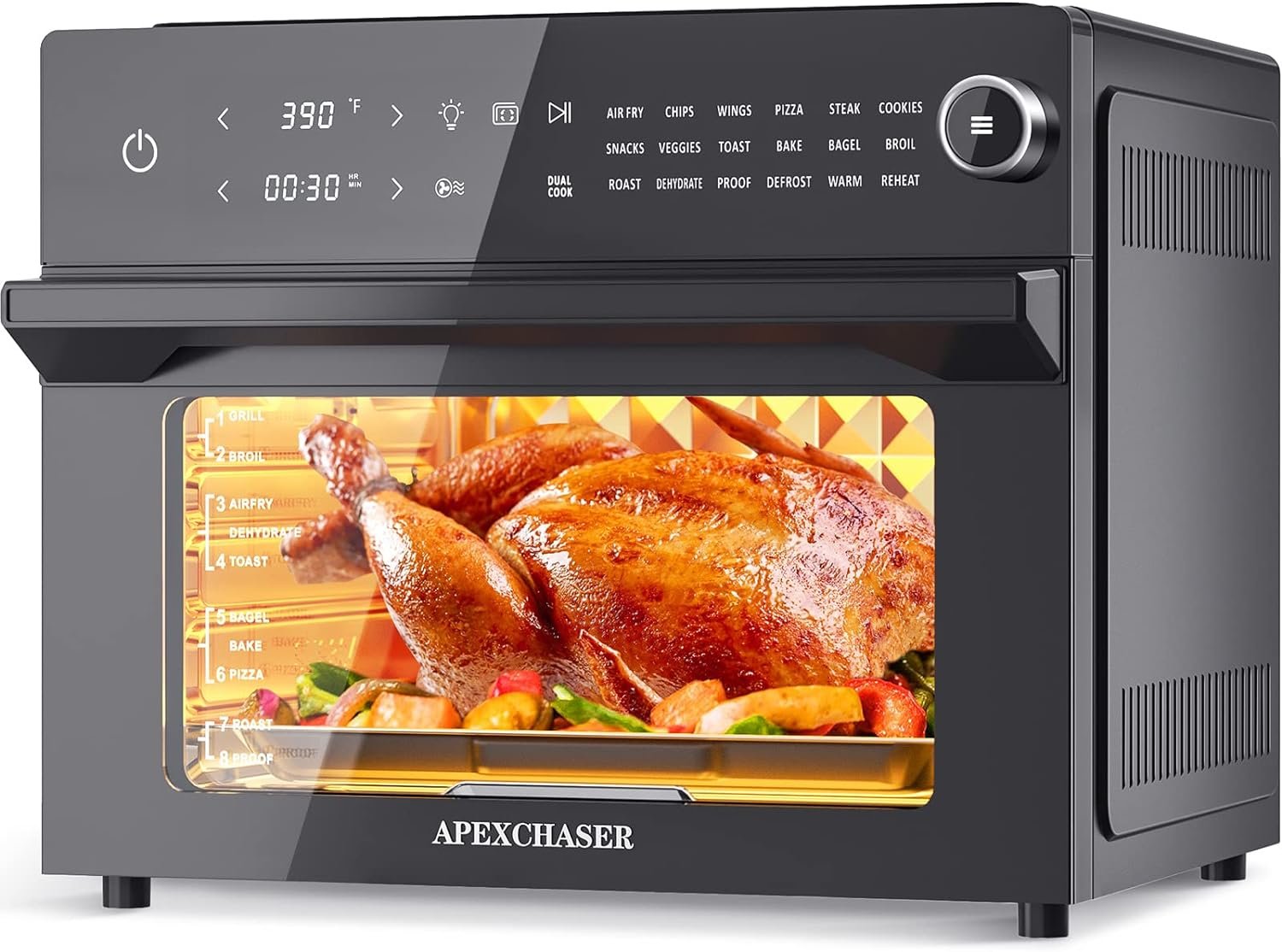 APEXCHASER Air Fryer Toaster Oven Combo, 32QT/30L Large Countertop Convection Toaster Oven, 18-in-1 Functions, Fits 13 Pizza, 9-Slice Toast and 13 Lbs Chicken, Basket, Tray(4 Accessories) Included