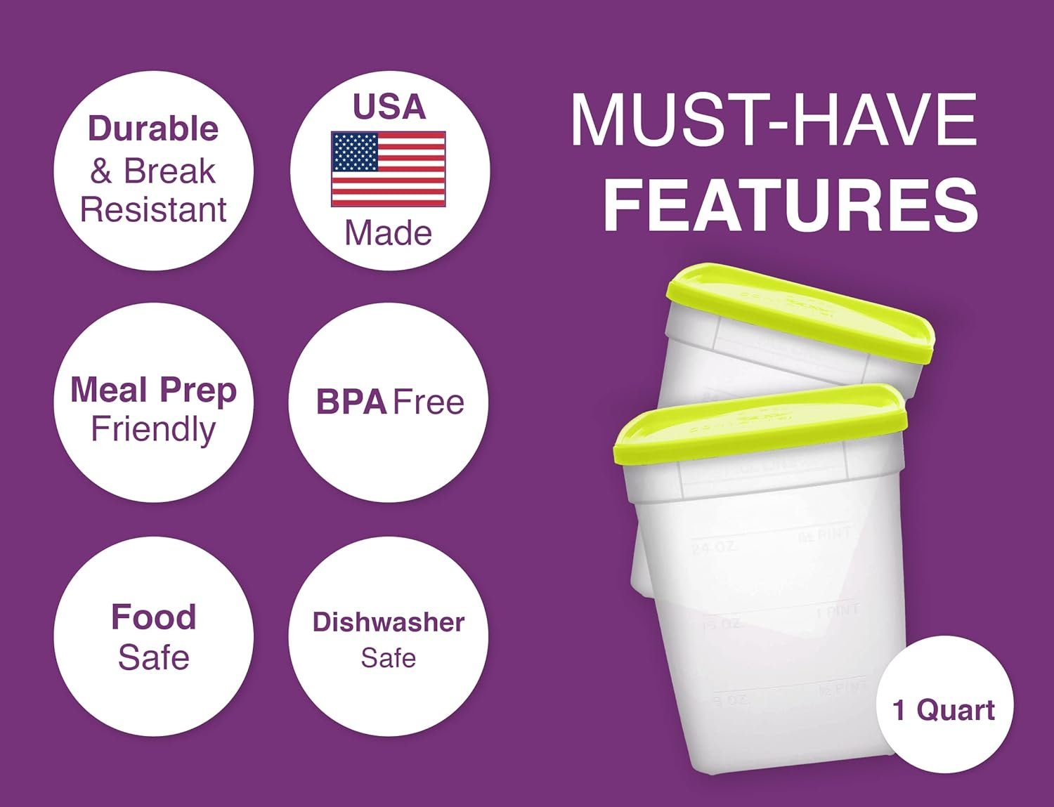 Arrow Home Products 1.5 Pint Freezer Food Storage Containers with Lids, 8 Pack - USA Made Reusable Freezer Containers for Food Storage - Prep, Store, Freeze -BPA Free, Dishwasher Safe, 3 Cups, 8 Pack