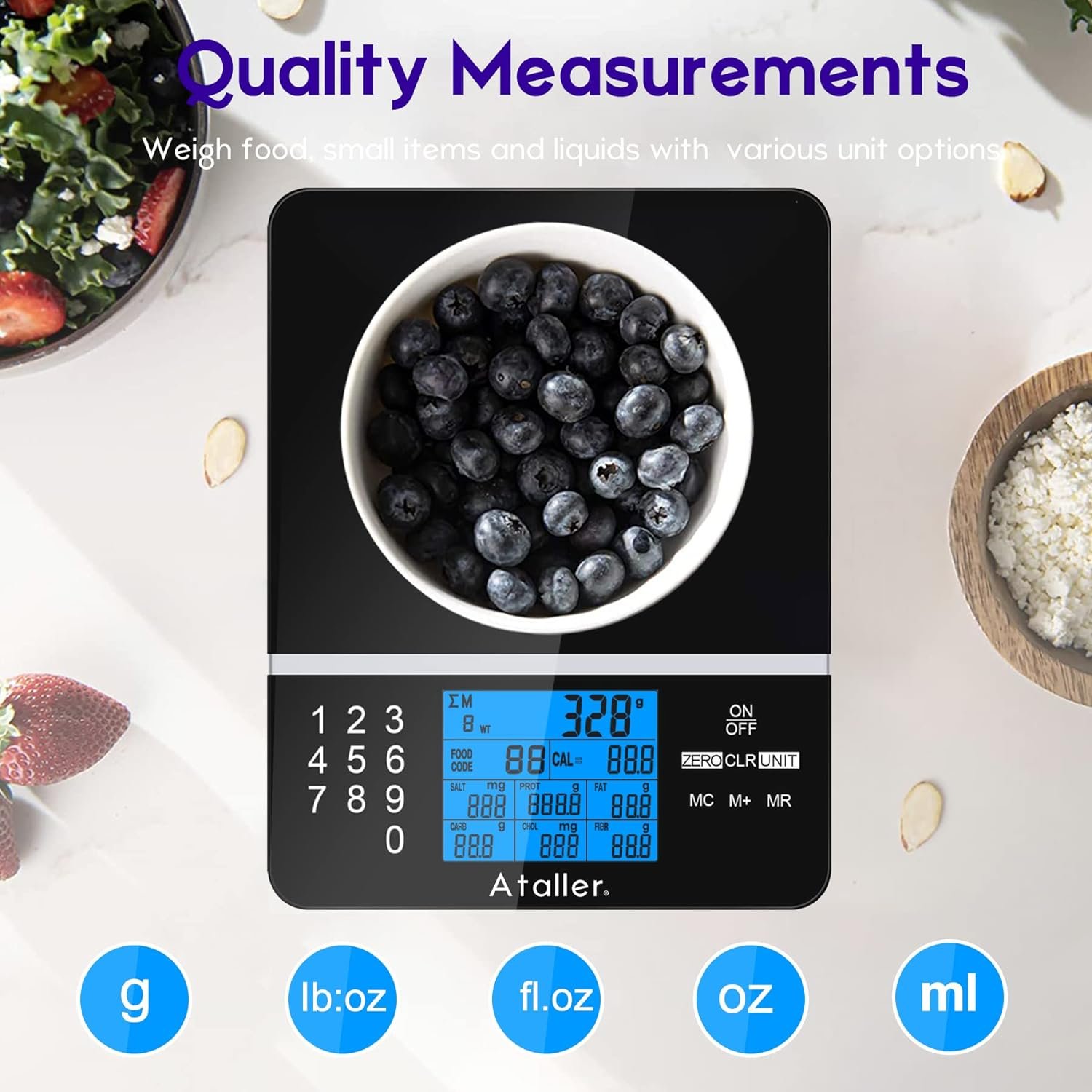 Ataller Kitchen Diet Scale, Digital Food Nutrition Scale with Nutrition Facts Display, Accurate Weight and Nutrient Calculator, Tempered Glass, Black, Max 5kg 11Ib, Graduation 1g