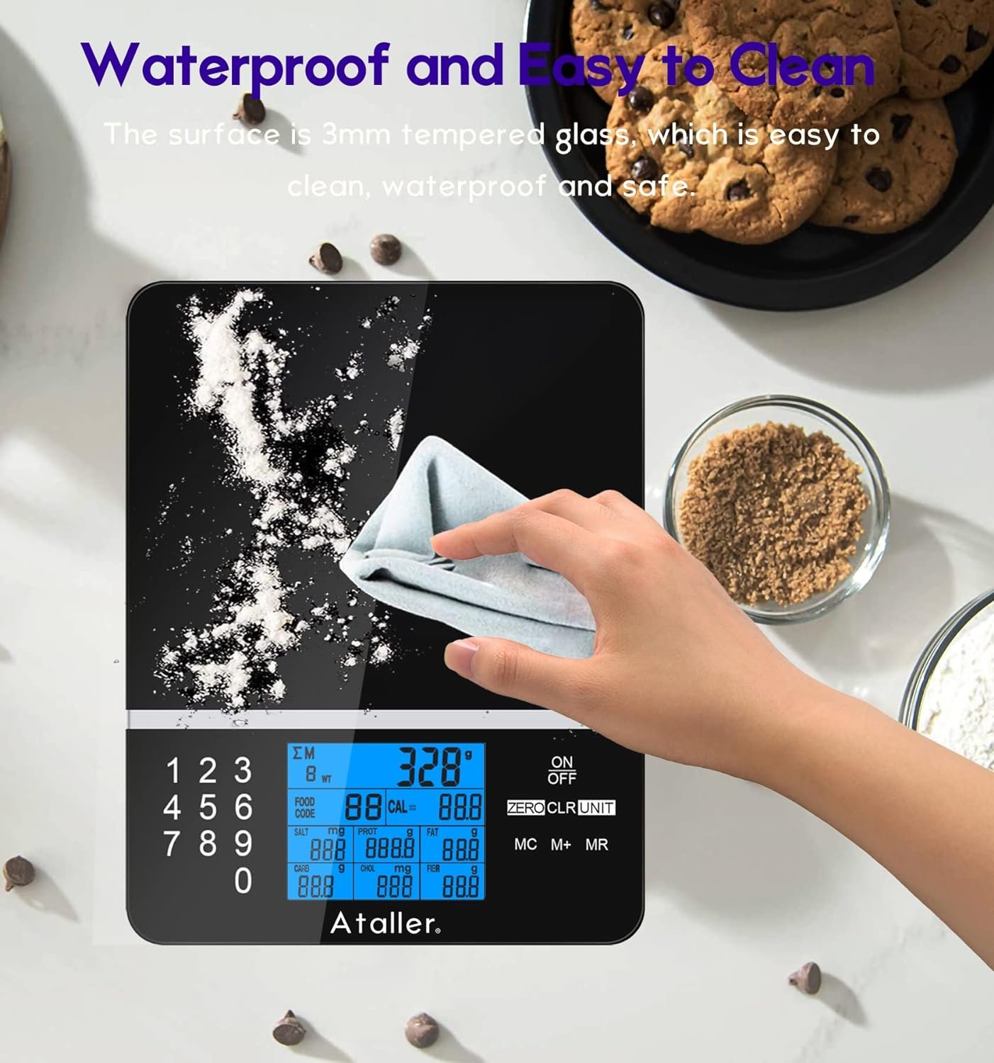 Ataller Kitchen Diet Scale, Digital Food Nutrition Scale with Nutrition Facts Display, Accurate Weight and Nutrient Calculator, Tempered Glass, Black, Max 5kg 11Ib, Graduation 1g