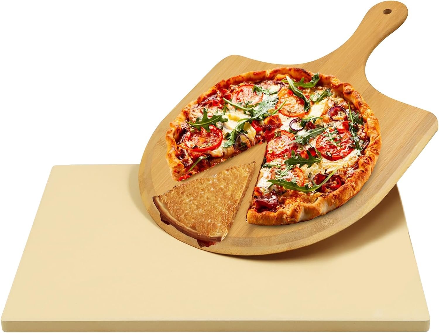 Augosta Pizza Stone for Oven and Grill, Free Wooden Pizza Peel paddle, Durable and Safe Baking Stone for grill, Thermal Shock Resistant cooking stone, 15 x 12 Inch