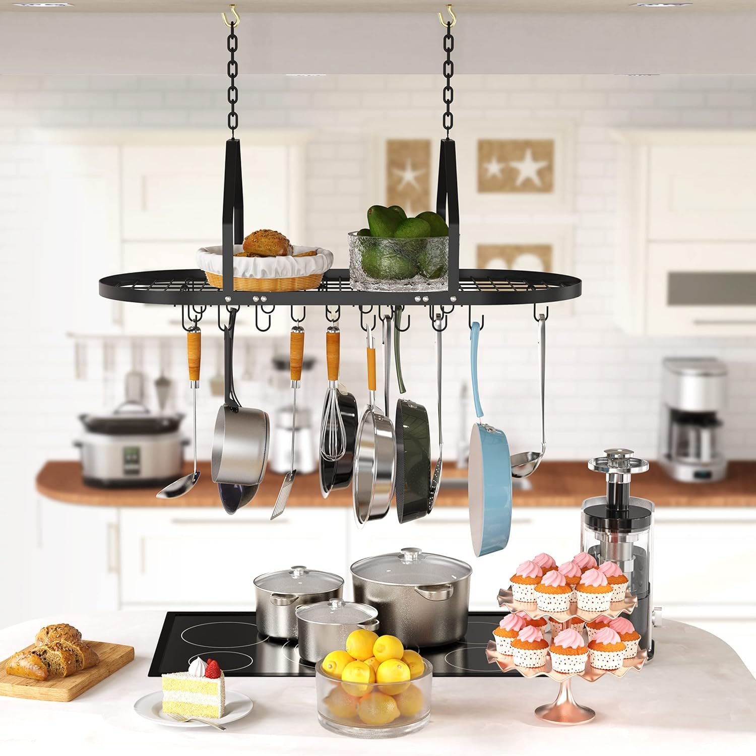 Auroglint Ceiling Pot and Pan Rack with 20 Hooks, Decorative Mounted Storage Rack, Multi-Purpose Organizer for Home (black)