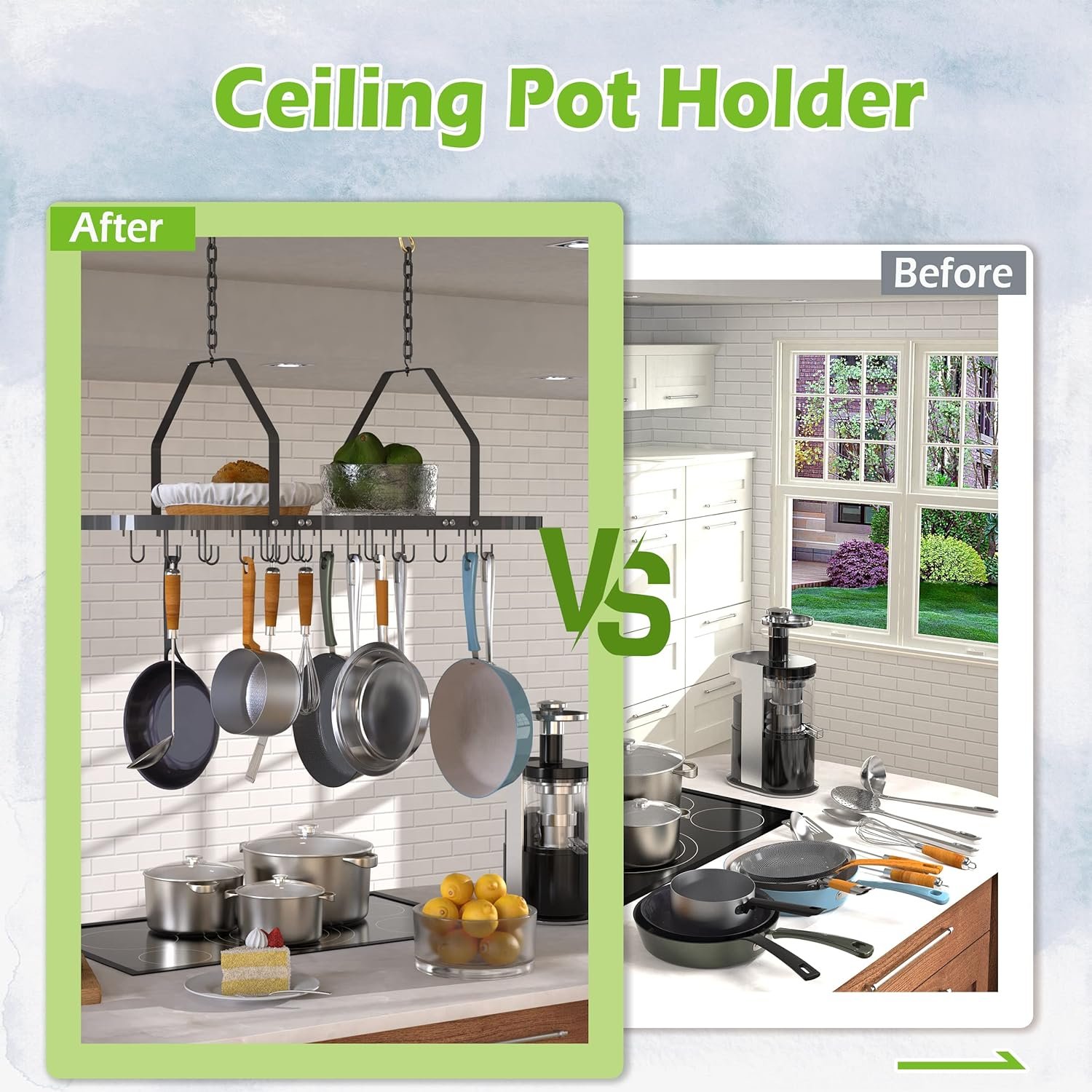 Auroglint Ceiling Pot and Pan Rack with 20 Hooks, Decorative Mounted Storage Rack, Multi-Purpose Organizer for Home (black)