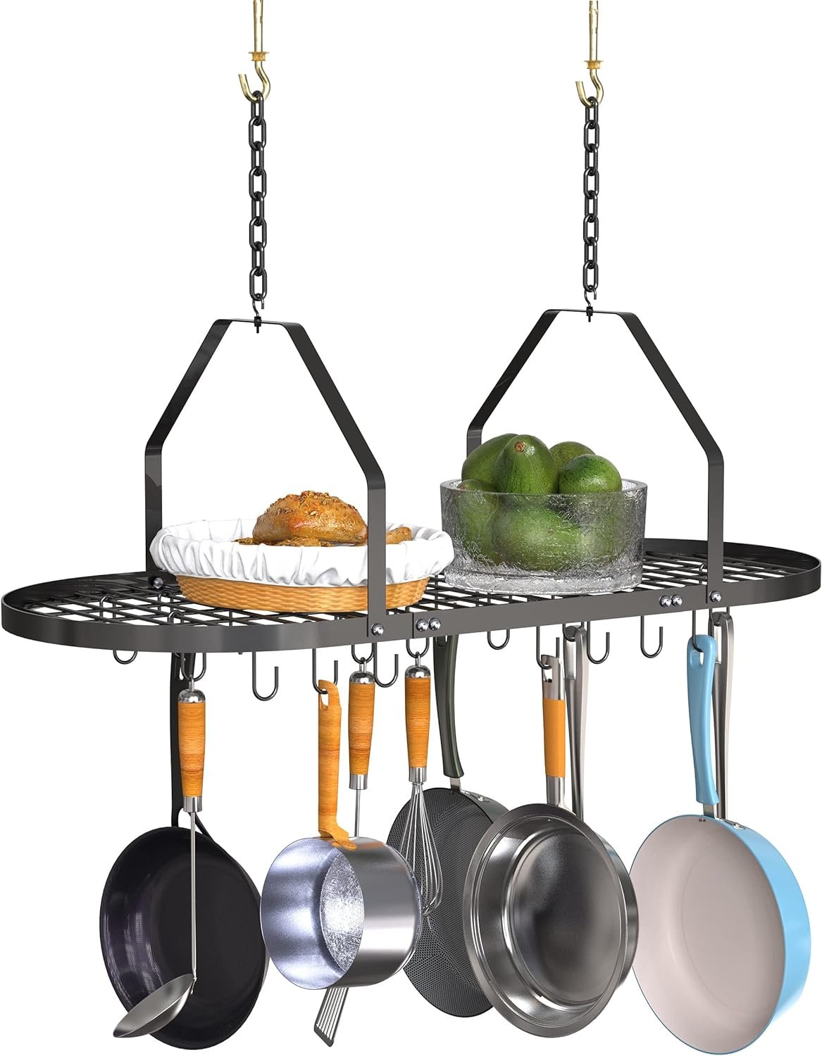 Auroglint Ceiling Pot and Pan Rack with 20 Hooks, Decorative Mounted Storage Rack, Multi-Purpose Organizer for Home (black)
