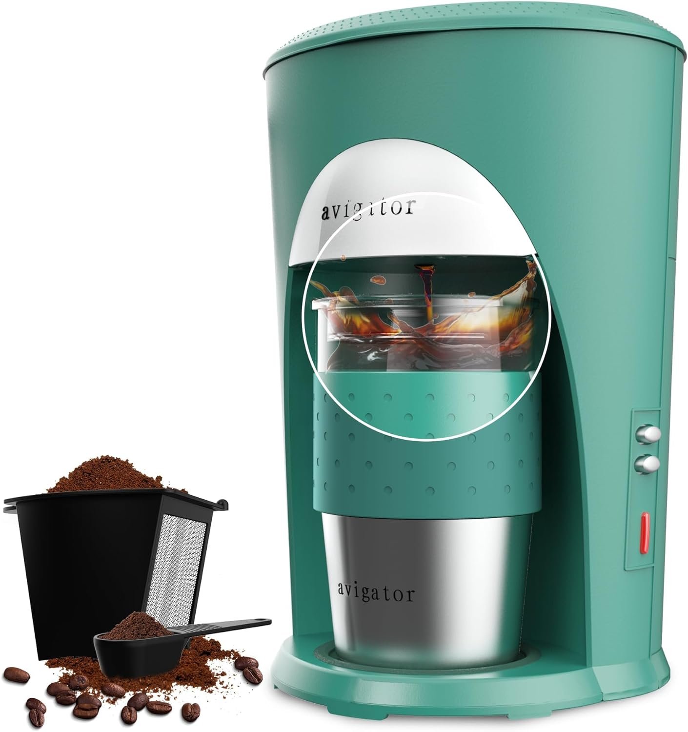 avigator Single Serve Coffee Maker, Single Cup Coffee Maker for Ground Coffee, Personal Drip Coffee Brewer with 10-Ounce Travel Mug and Reusable Coffee Filer (Light Green)