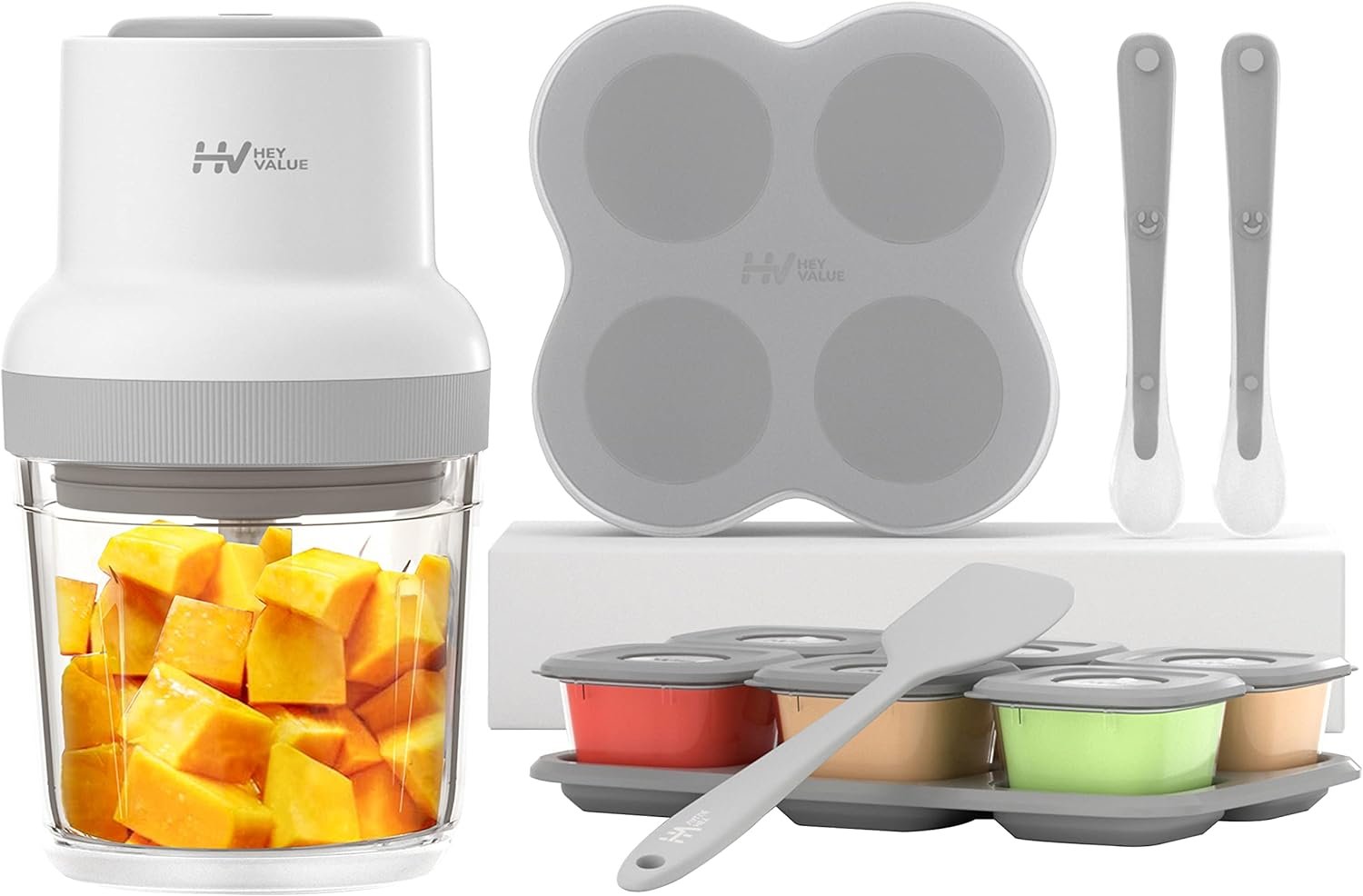 Baby Food Maker, HEYVALUE 13-in-1 Baby Food Processor Set for Baby Food, Fruit, Vegatable, Meat, Baby Food Puree Blender with Baby Food Containers, Food Freezer Tray, Silicone Spoons, Spatula (Gray) Baby Food Maker, HEYVALUE 13-in-1 Baby Food Processor Set for Baby Food, Fruit, Vegatable, Meat, Baby Food Puree Blender with Baby Food Containers, Food Freezer Tray, Silicone Spoons, Spatula (Gray)