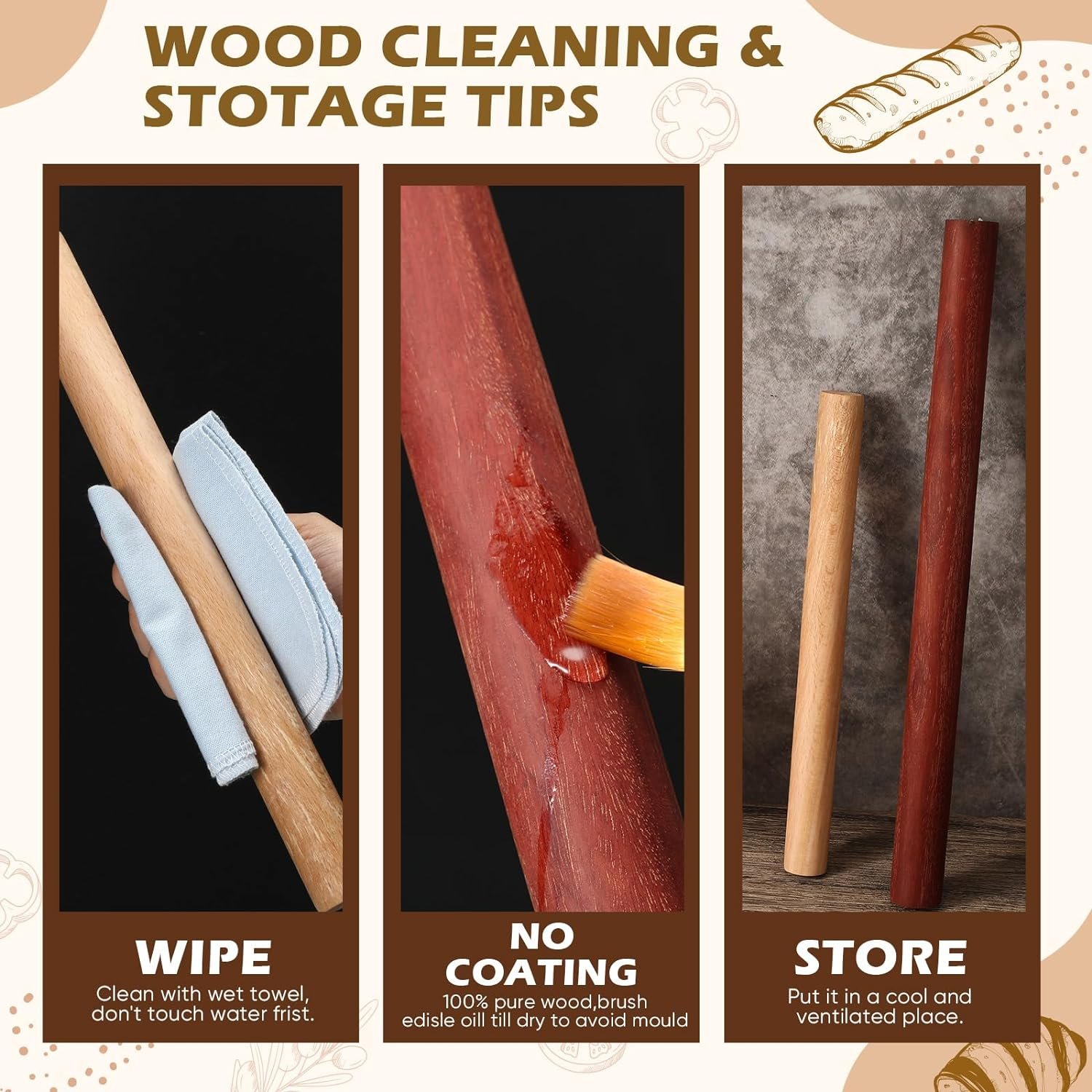 Baderke 7 Pcs Italian Rolling Pins Pasta Rolling Pin Set Wood and Stainless Steel Rolling Pin Dough Pasta Roller for Making Wontons, Dumplings, Pastas, Ramen, Udon Noodles, Flat Bread, Tortillas