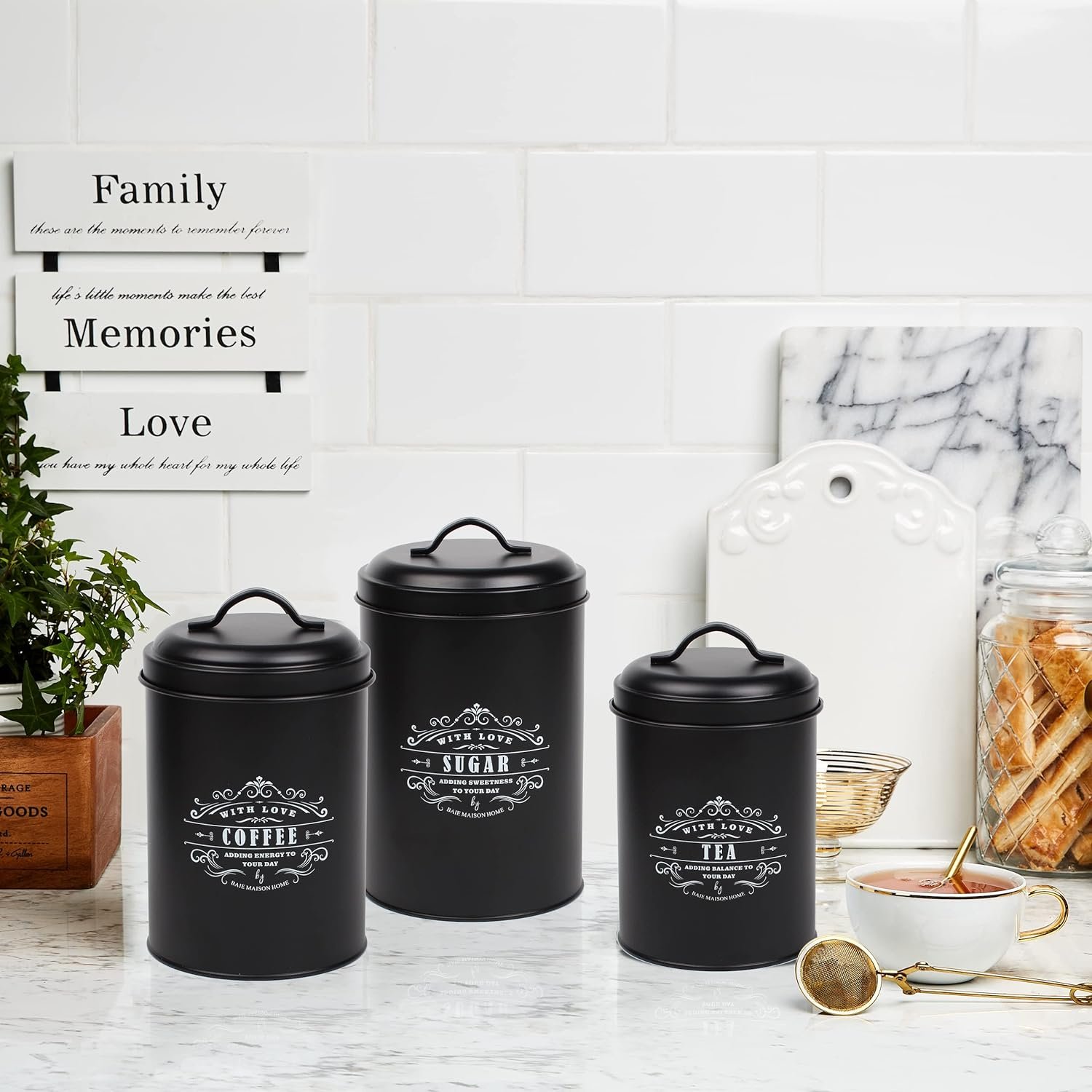 Baie Maison Large Black Kitchen Canisters Set of 3 - Farmhouse Canister Sets for Kitchen Counter - Coffee Tea Sugar Container Set - Rustic Kitchen Canisters for Countertop - Metal Kitchen Decor Jars