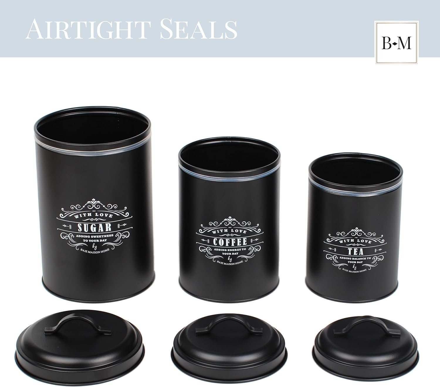 Baie Maison Large Black Kitchen Canisters Set of 3 - Farmhouse Canister Sets for Kitchen Counter - Coffee Tea Sugar Container Set - Rustic Kitchen Canisters for Countertop - Metal Kitchen Decor Jars