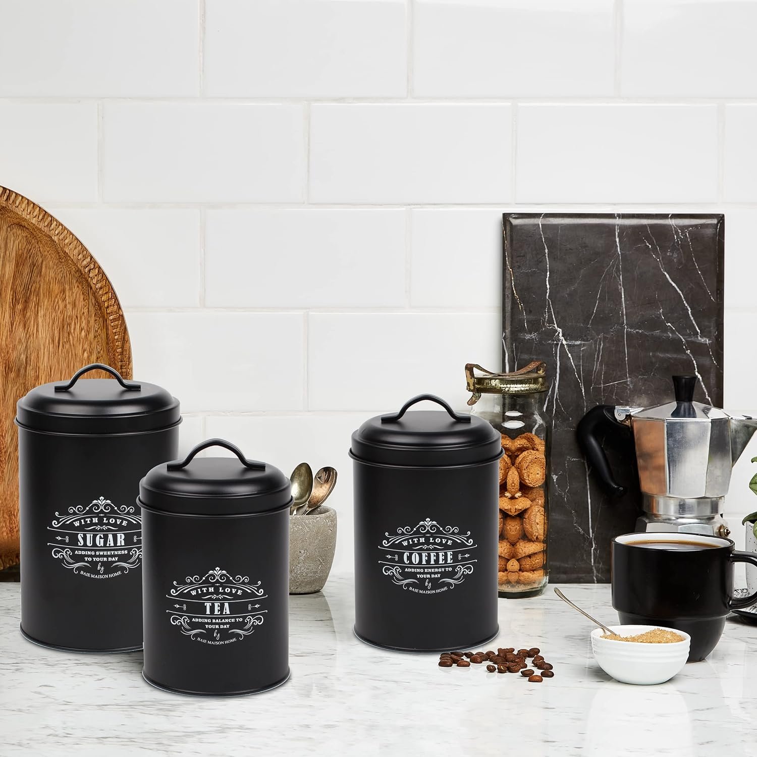 Baie Maison Large Black Kitchen Canisters Set of 3 - Farmhouse Canister Sets for Kitchen Counter - Coffee Tea Sugar Container Set - Rustic Kitchen Canisters for Countertop - Metal Kitchen Decor Jars