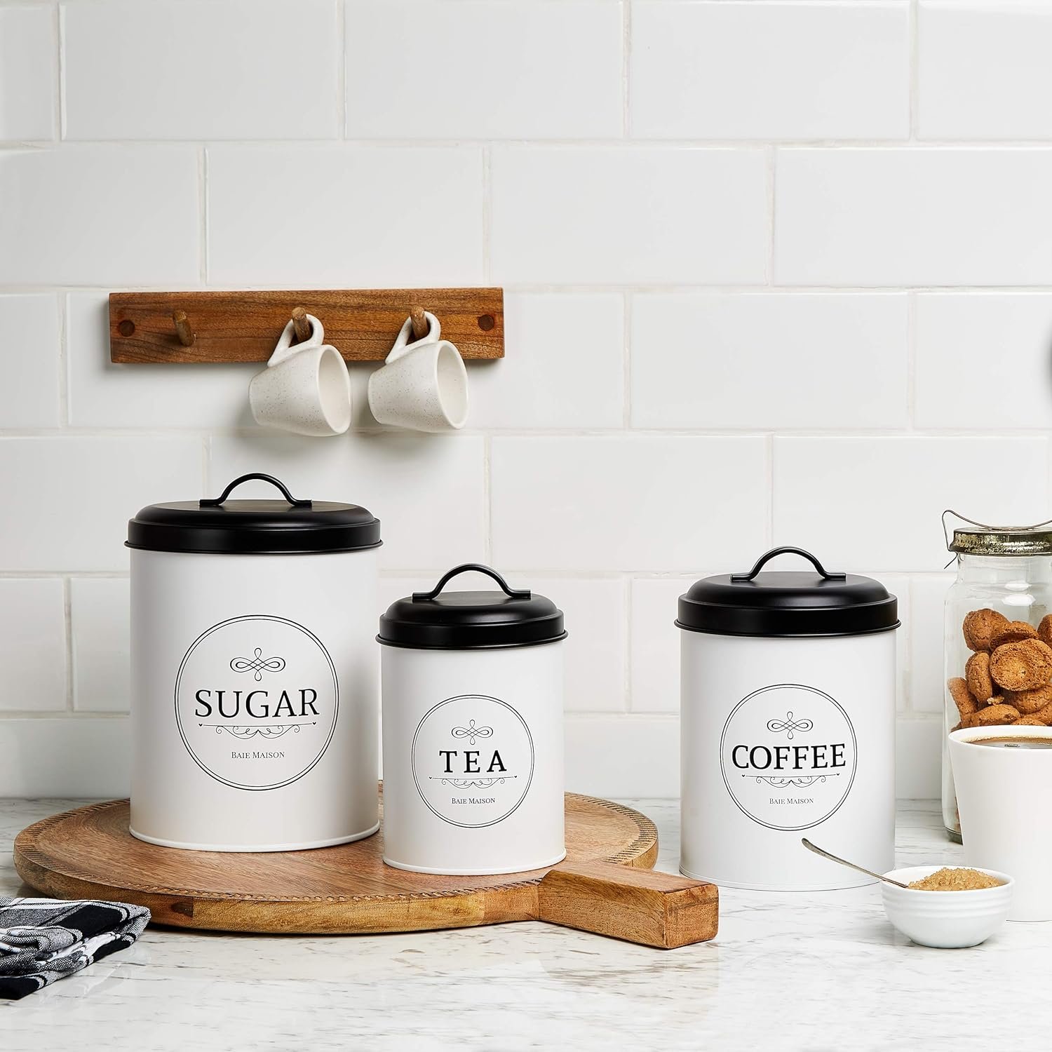 Baie Maison Large Kitchen Canisters - Set of 3 Farmhouse Canister Sets for Kitchen Counter White - Coffee Tea Sugar Container Set - Rustic Kitchen Canisters Farmhouse Style Decor - Metal Kitchen Jars
