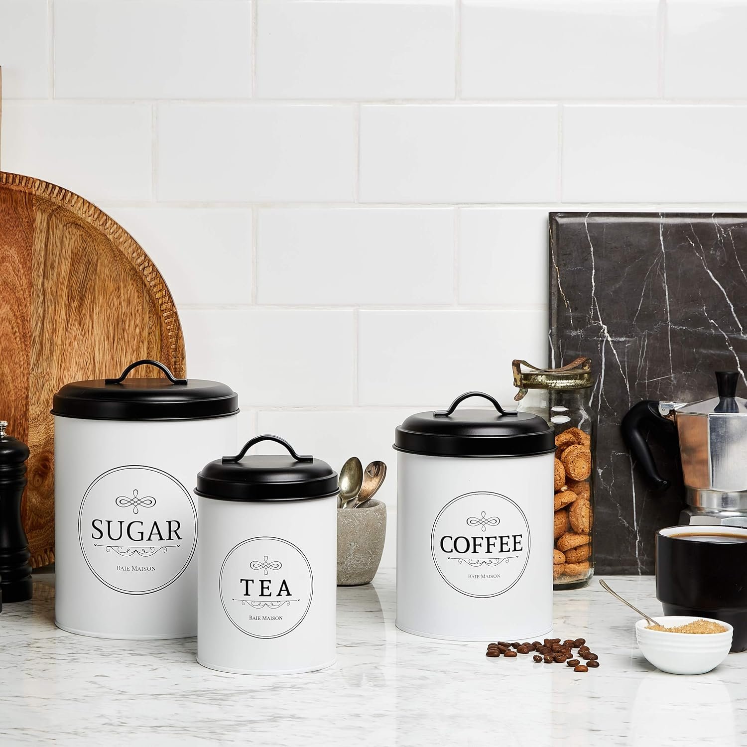 Baie Maison Large Kitchen Canisters - Set of 3 Farmhouse Canister Sets for Kitchen Counter White - Coffee Tea Sugar Container Set - Rustic Kitchen Canisters Farmhouse Style Decor - Metal Kitchen Jars