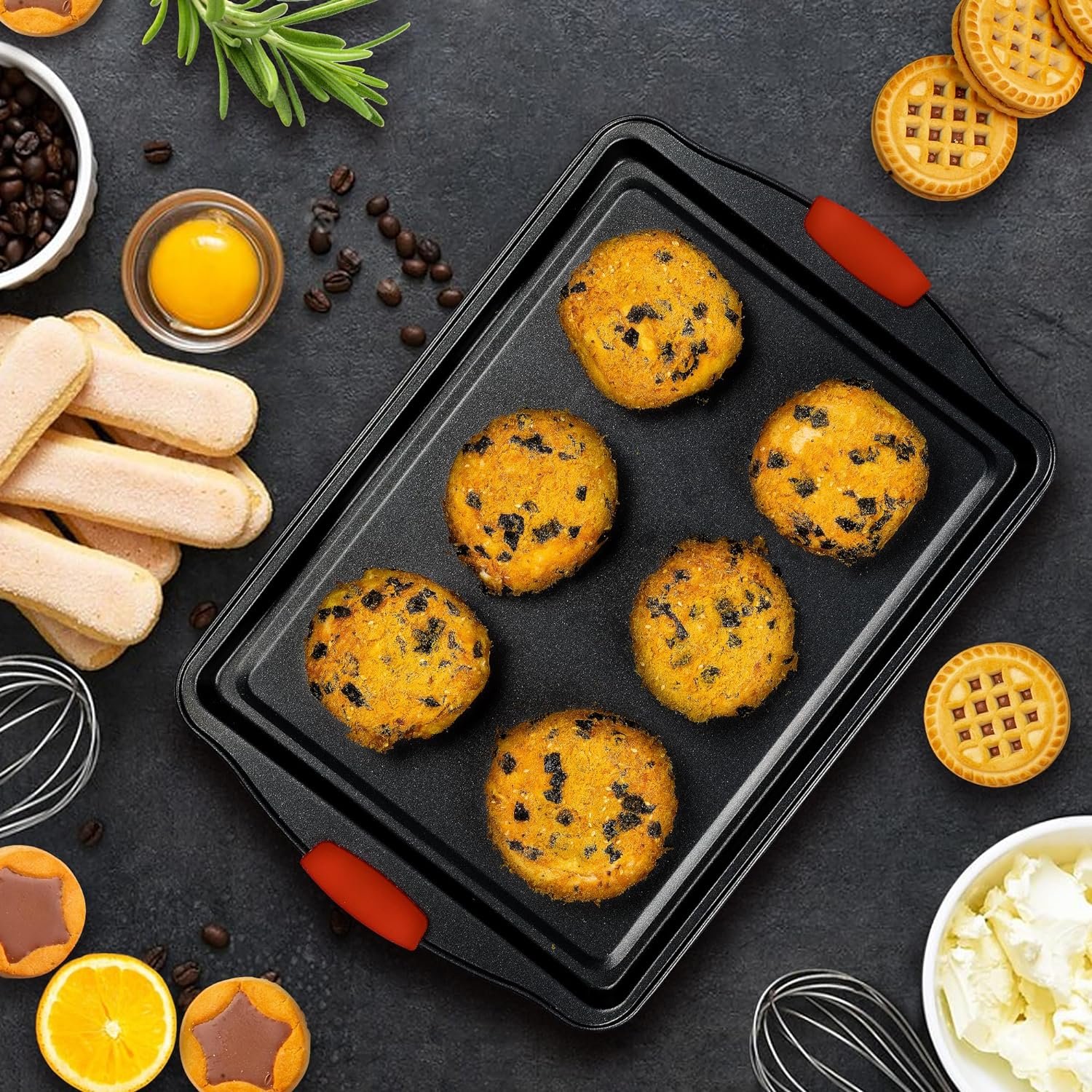 Baking Sheet Set, 3-Piece Cookie Sheet Set with Silicone Handles, Steel Baking Pans Set, Durable Baking Sheets for Oven, BPA Free Cookie Sheets for Baking Nonstick Set, Sheet Pan - Black Baking Tray