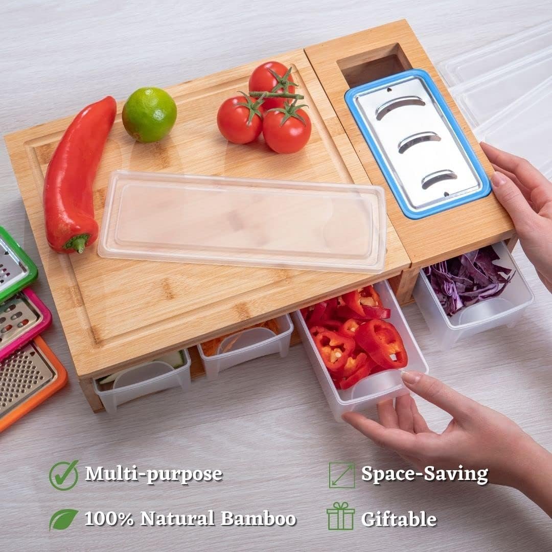 Bamboo Cutting Board With Containers - Meal Prep Station With Removable Top, Kitchen Boards Food Storage Tray With Lids, Home Prepdeck Marble Veggie Shredder Wood Prepboard Deck Slide Drawer Bins Bamboo Cutting Board With Containers - Meal Prep Station With Removable Top, Kitchen Boards Food Storage Tray With Lids, Home Prepdeck Marble Veggie Shredder Wood Prepboard Deck Slide Drawer Bins