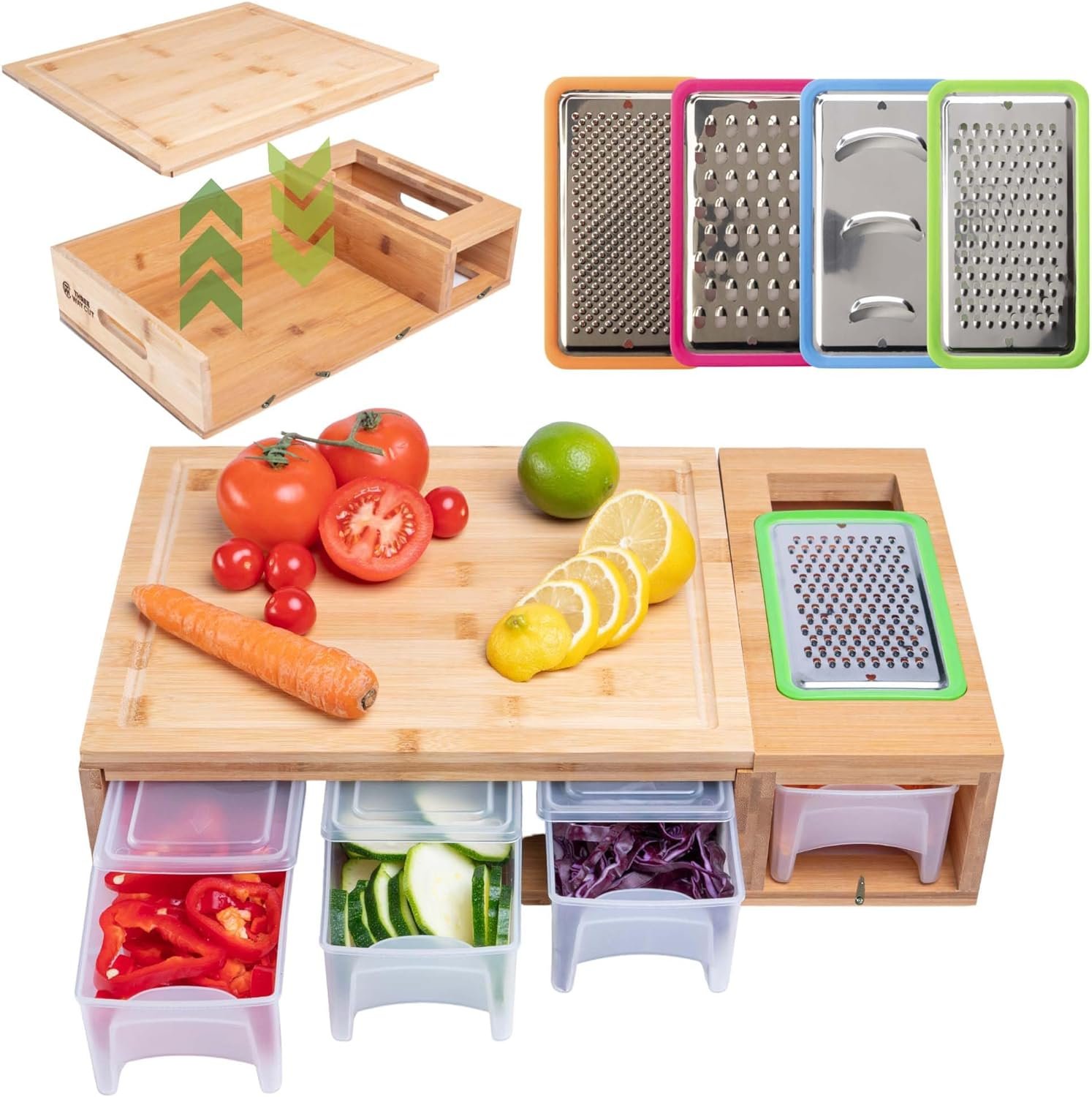 Bamboo Cutting Board With Containers - Meal Prep Station With Removable Top, Kitchen Boards Food Storage Tray With Lids, Home Prepdeck Marble Veggie Shredder Wood Prepboard Deck Slide Drawer Bins Bamboo Cutting Board With Containers - Meal Prep Station With Removable Top, Kitchen Boards Food Storage Tray With Lids, Home Prepdeck Marble Veggie Shredder Wood Prepboard Deck Slide Drawer Bins