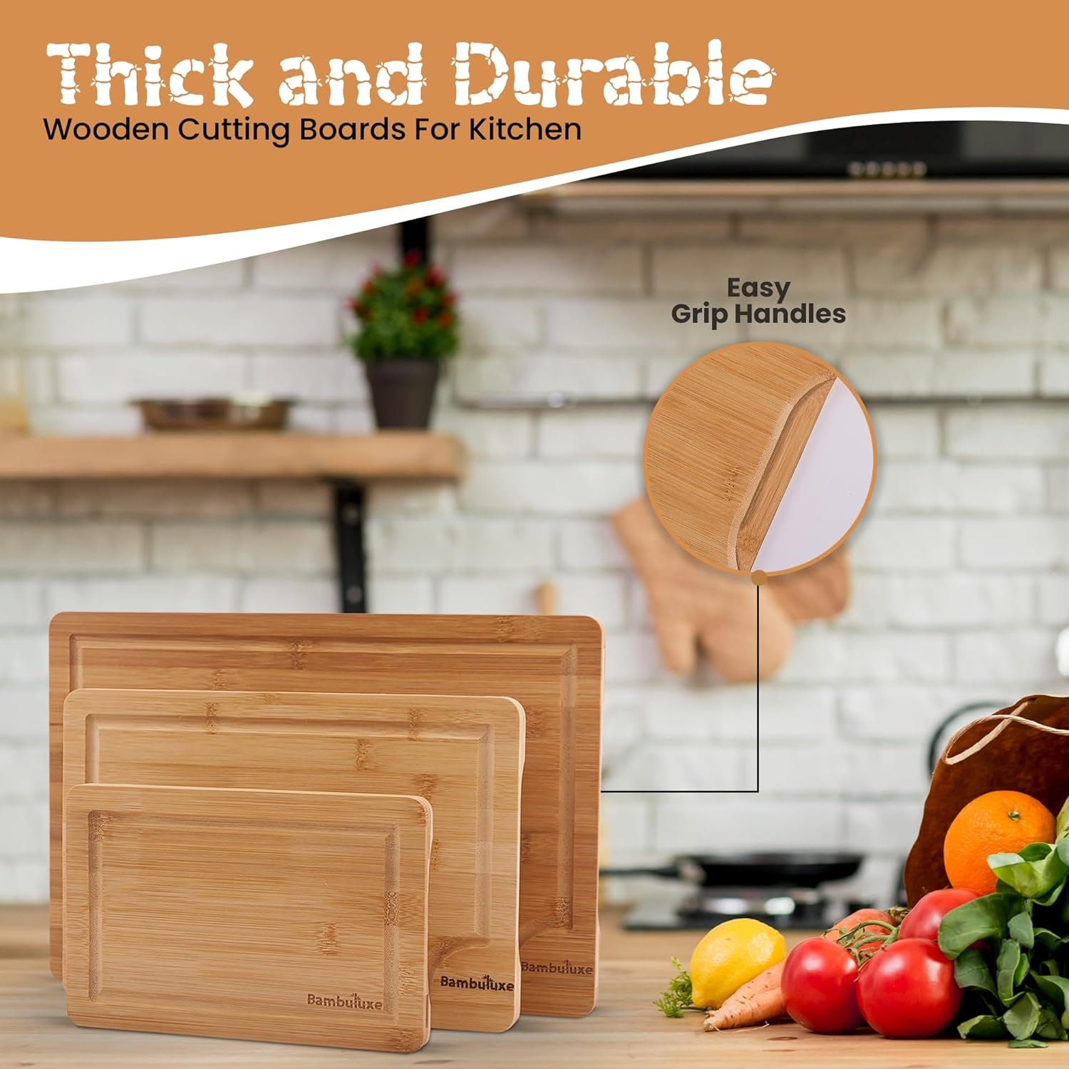 Bambuluxe™ Bamboo Cutting Board For Kitchen - Set Of 3 | Thick  Durable Wooden Cutting Boards For Kitchen I Large | Wood Cutting Board With Juice Groove For Chopping Meat, Veggies | Easy Grip Handles