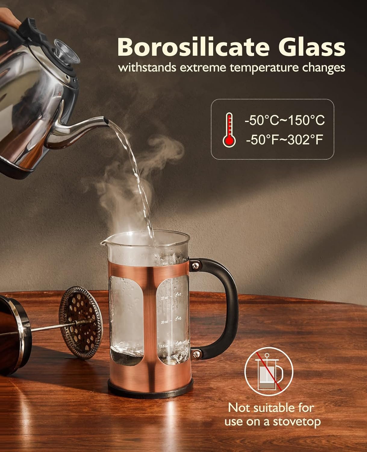 BAYKA 34 Ounce 1 Liter French Press Coffee Maker, Glass Classic Copper Stainless Steel Coffee Press, Cold Brew Heat Resistant Thickened Borosilicate Coffee Pot for Camping Travel Gifts BAYKA 34 Ounce 1 Liter French Press Coffee Maker, Glass Classic Copper Stainless Steel Coffee Press, Cold Brew Heat Resistant Thickened Borosilicate Coffee Pot for Camping Travel Gifts