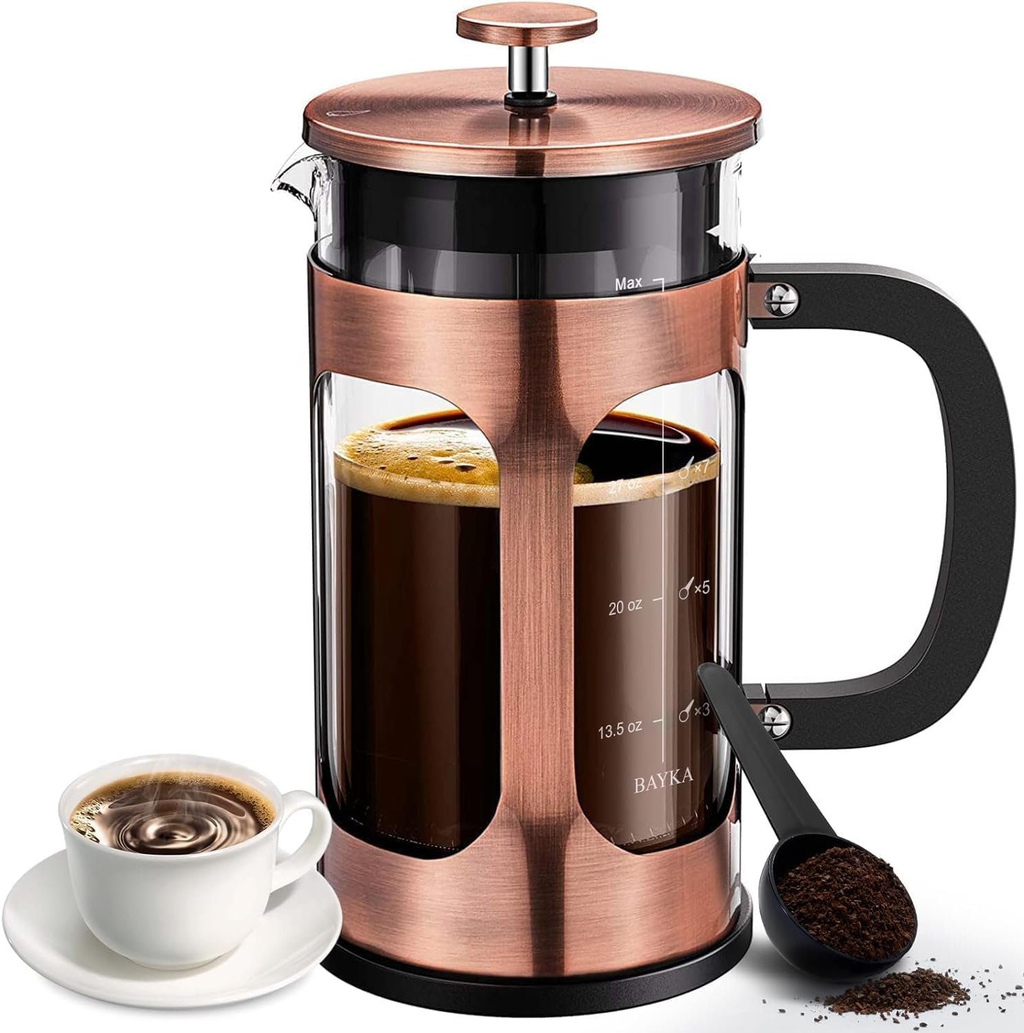 BAYKA 34 Ounce 1 Liter French Press Coffee Maker, Glass Classic Copper Stainless Steel Coffee Press, Cold Brew Heat Resistant Thickened Borosilicate Coffee Pot for Camping Travel Gifts BAYKA 34 Ounce 1 Liter French Press Coffee Maker, Glass Classic Copper Stainless Steel Coffee Press, Cold Brew Heat Resistant Thickened Borosilicate Coffee Pot for Camping Travel Gifts
