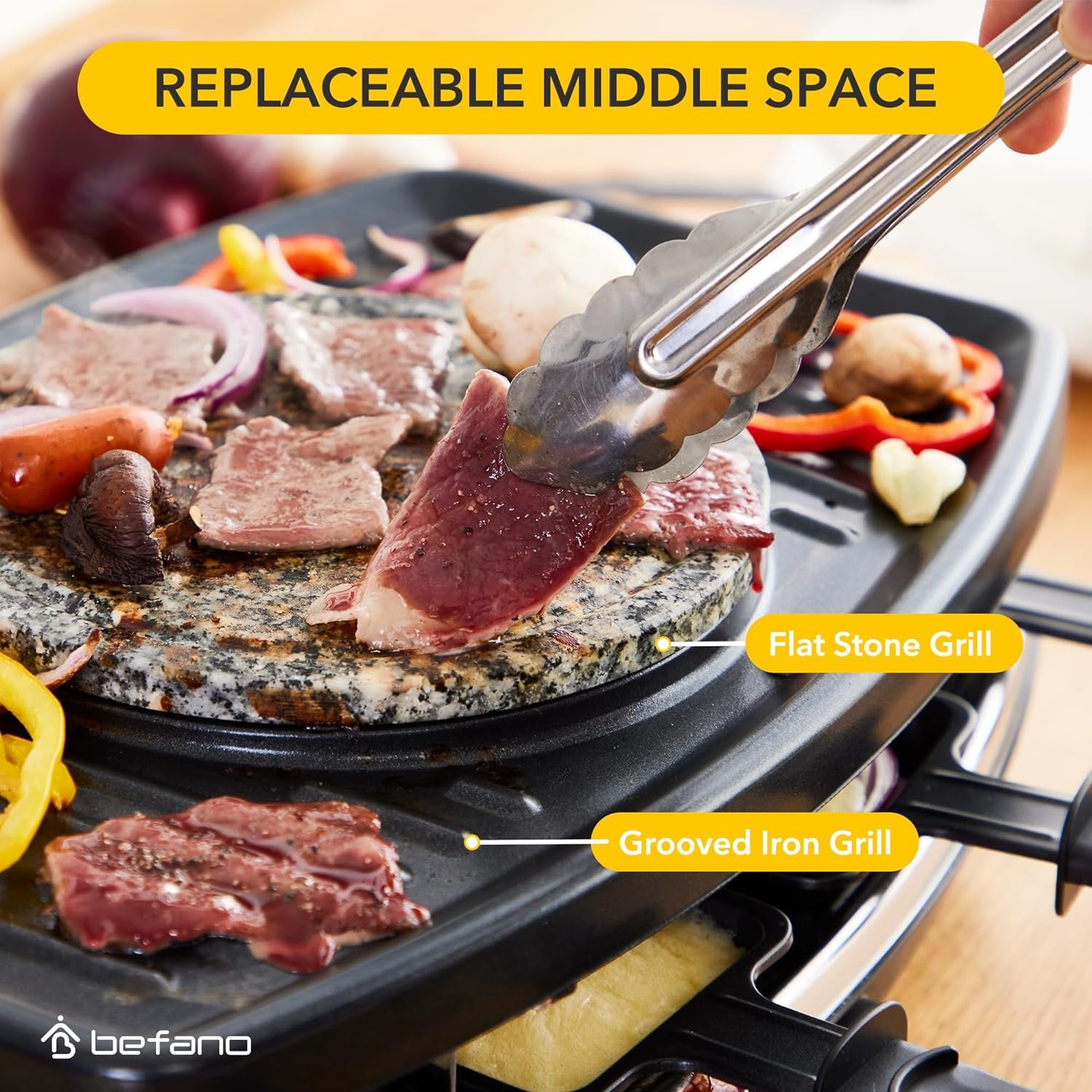 Befano 6-Cup Electric Cheese Fondue Pot, Combo with Raclette Machine for 8 People and Indoor Grill, Simple Adjustable Thermostats, Perfect for Parties and Family Fun