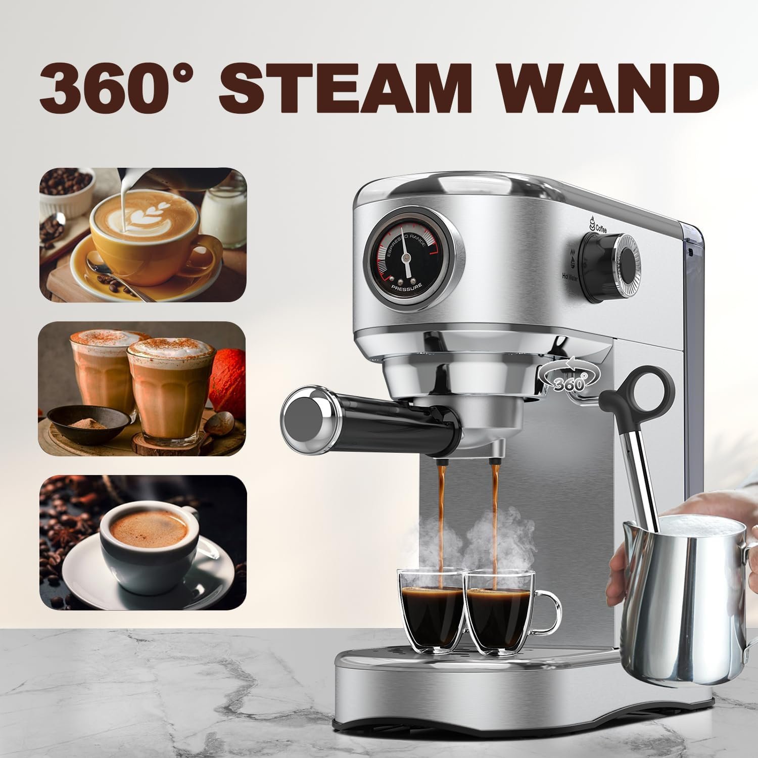 Beiooya Espresso Machine 20 Bar, Espresso Maker with Milk Frother Steam Wand, Professional Stainless Steel Coffee Machine with 37oz Water Tank for Home Cappuccino, Latte, Mom Dad Coffee Lovers Gifts