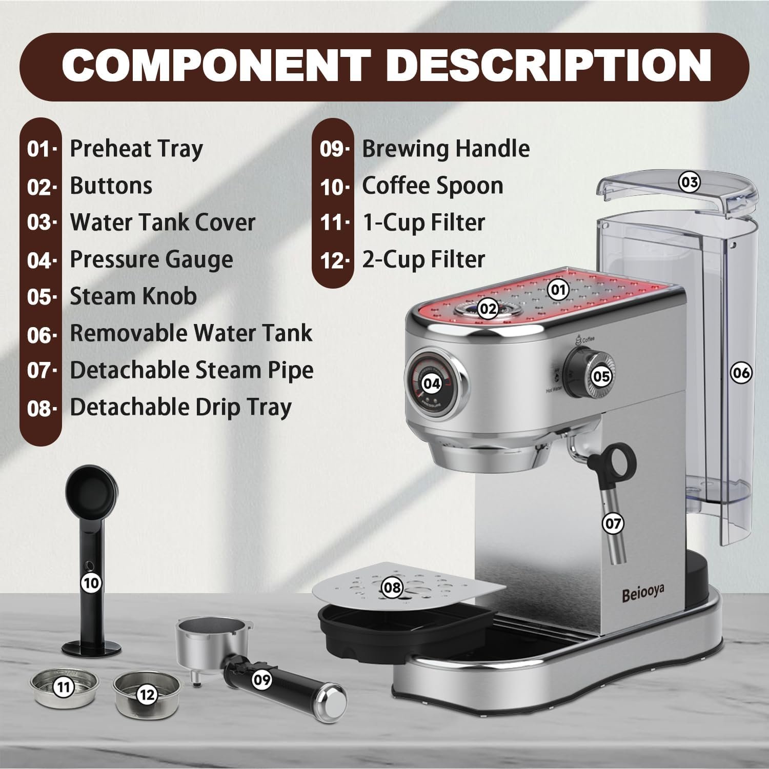 beiooya-espresso-machine-20-bar-espresso-maker-with-milk-frother-steam-wand-professional-stainless-steel-coffee-machine- - Cooking Appliance World