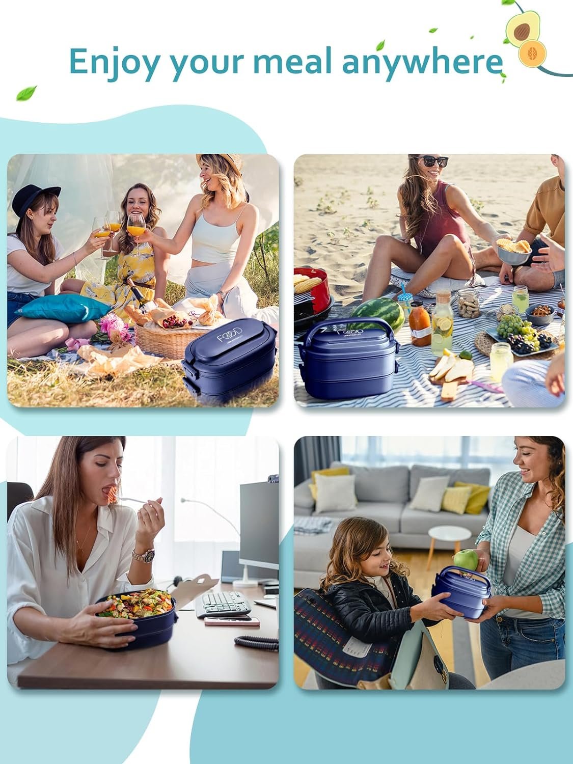 Bento Box Adults Lunch Box: Stackable Lunchbox w/Utensils, Leak-Proof Portable Lunch Container w/Divided Compartments, 1550ml Microwave Safe Lunch Box for Work, Outdoors, Navy Blue Bento Box Adults Lunch Box: Stackable Lunchbox w/Utensils, Leak-Proof Portable Lunch Container w/Divided Compartments, 1550ml Microwave Safe Lunch Box for Work, Outdoors, Navy Blue