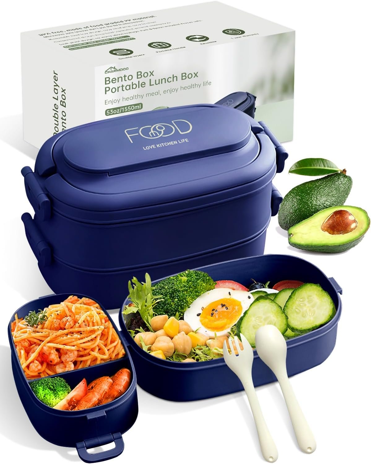 Bento Box Adults Lunch Box: Stackable Lunchbox w/Utensils, Leak-Proof Portable Lunch Container w/Divided Compartments, 1550ml Microwave Safe Lunch Box for Work, Outdoors, Navy Blue Bento Box Adults Lunch Box: Stackable Lunchbox w/Utensils, Leak-Proof Portable Lunch Container w/Divided Compartments, 1550ml Microwave Safe Lunch Box for Work, Outdoors, Navy Blue