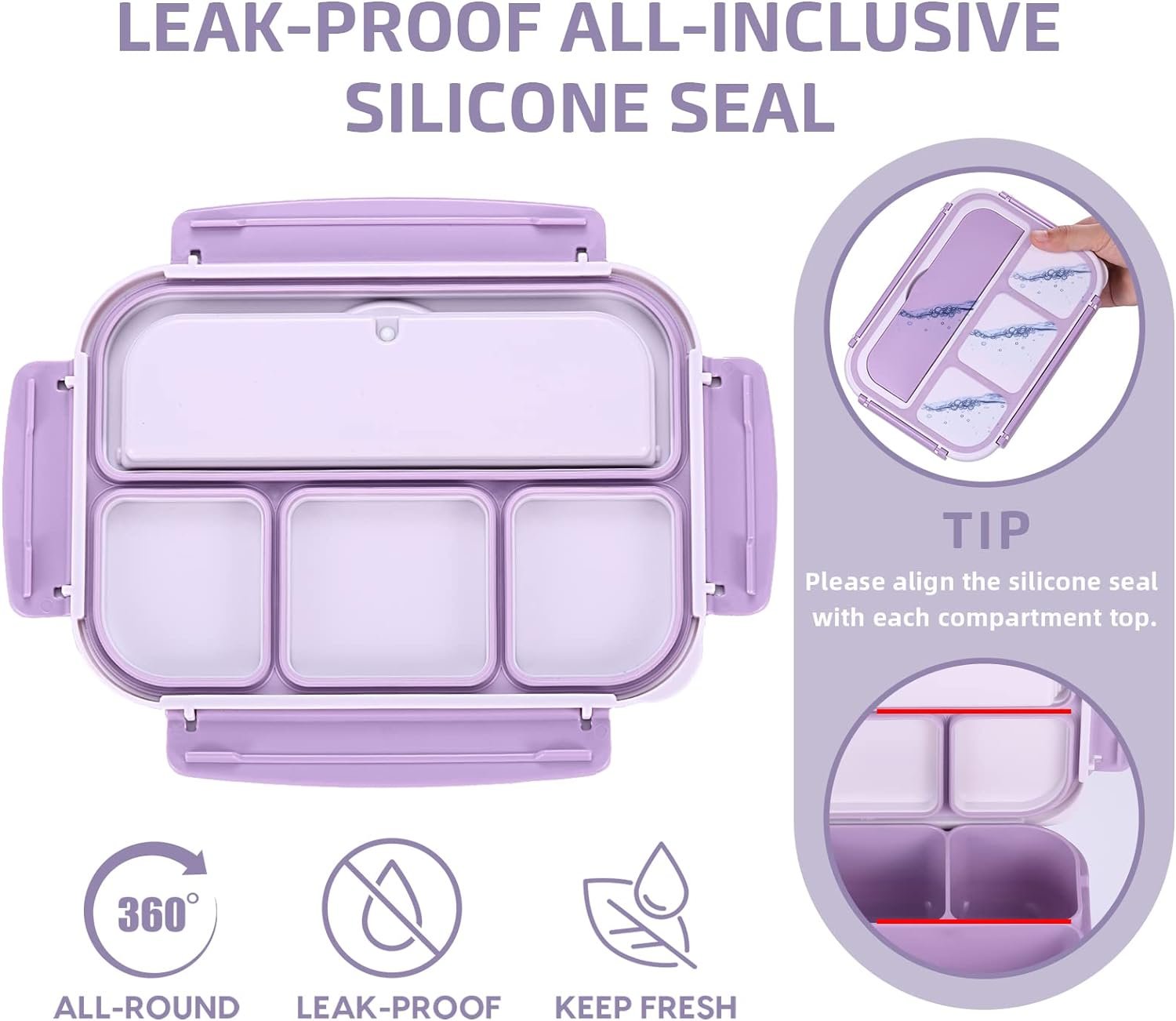 Bento Lunch Box for Kids - 4 Compartments, Sauce Container, Utensils, Food Picks and Muffin Cups, Purple Unicorn