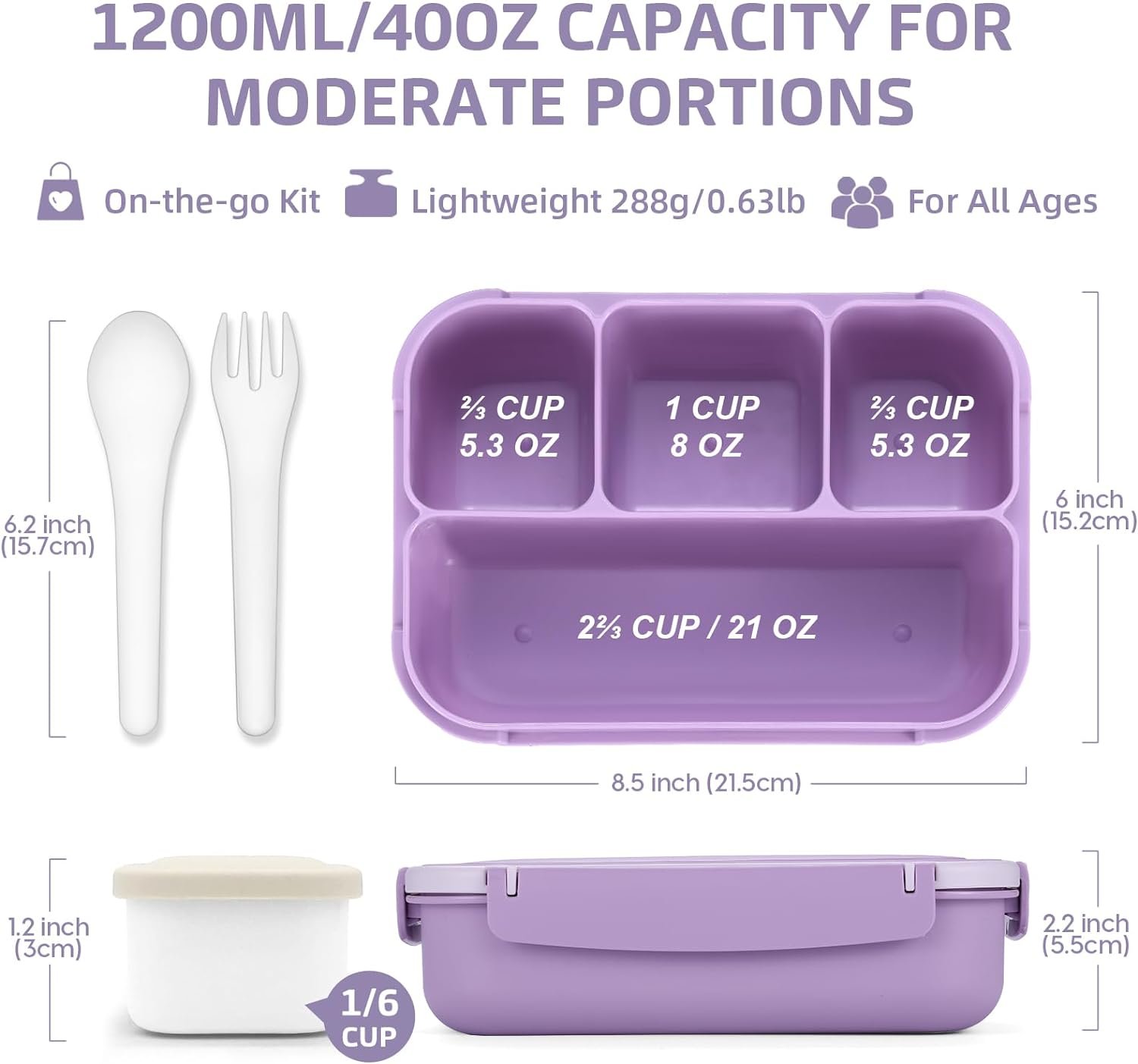 Bento Lunch Box for Kids - 4 Compartments, Sauce Container, Utensils, Food Picks and Muffin Cups, Purple Unicorn