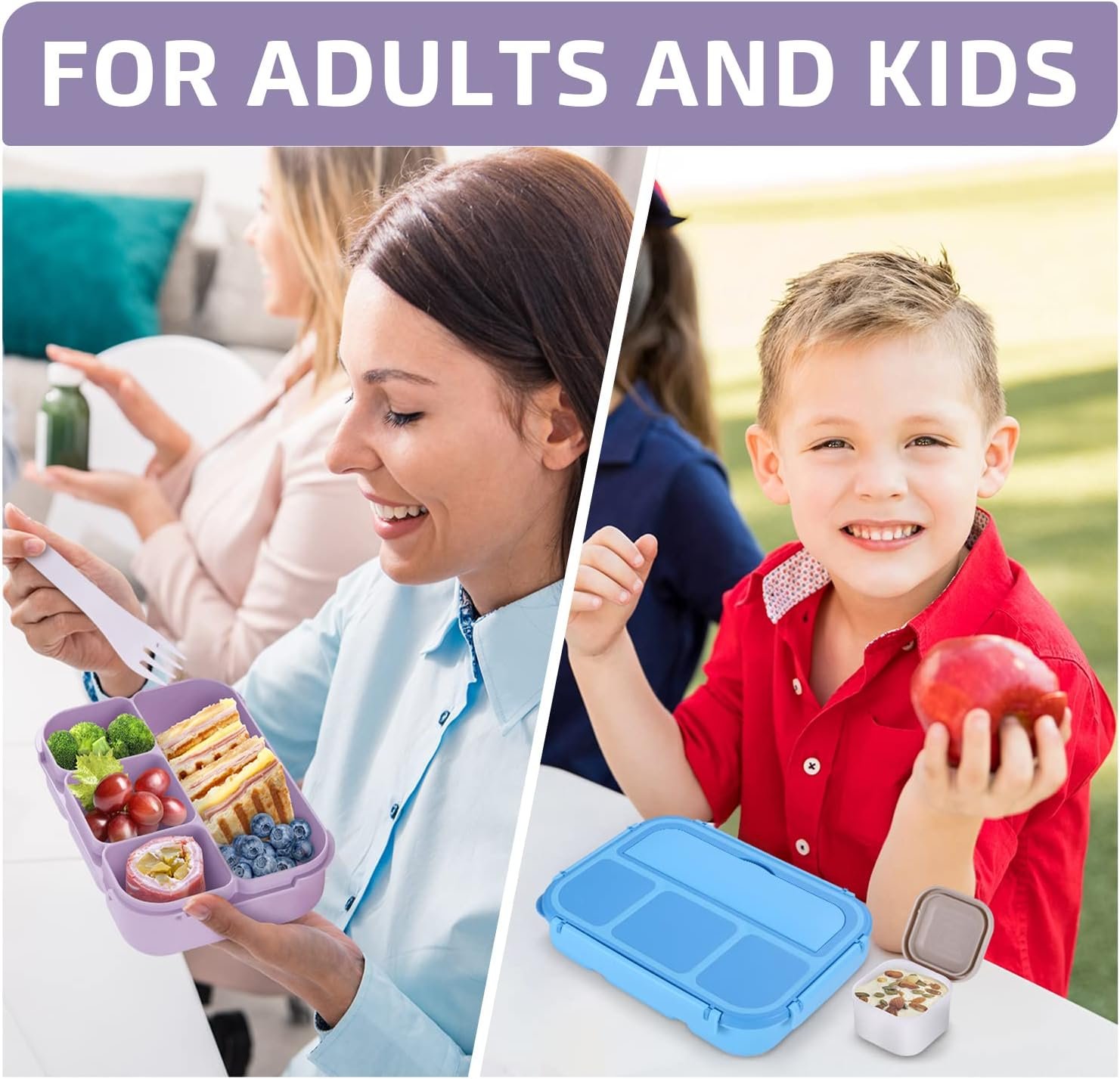 Bento Lunch Box for Kids - 4 Compartments, Sauce Container, Utensils, Food Picks and Muffin Cups, Purple Unicorn