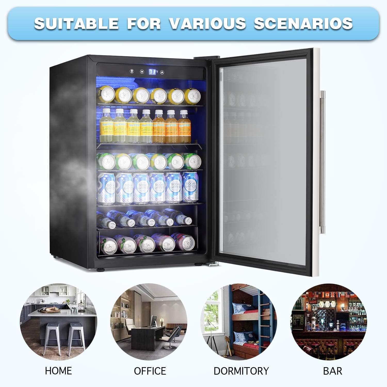 Beverage Refigerator -145 Can Mini Fridge with Glass Door for Soda Beer or Wine,Small Drink Dispenser, Can Cooler，For Bedroom, Home, BarOffice with Adjustable Removable Shelves 4.5 Cu. Ft.