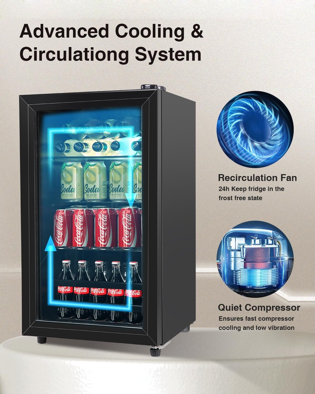 Beverage Refrigerator Cooler - 120 Can Freestanding Beverage Cooler with Glass Door - Small Drink Dispenser Machine for Office or Bar with Adjustable Removable Shelves