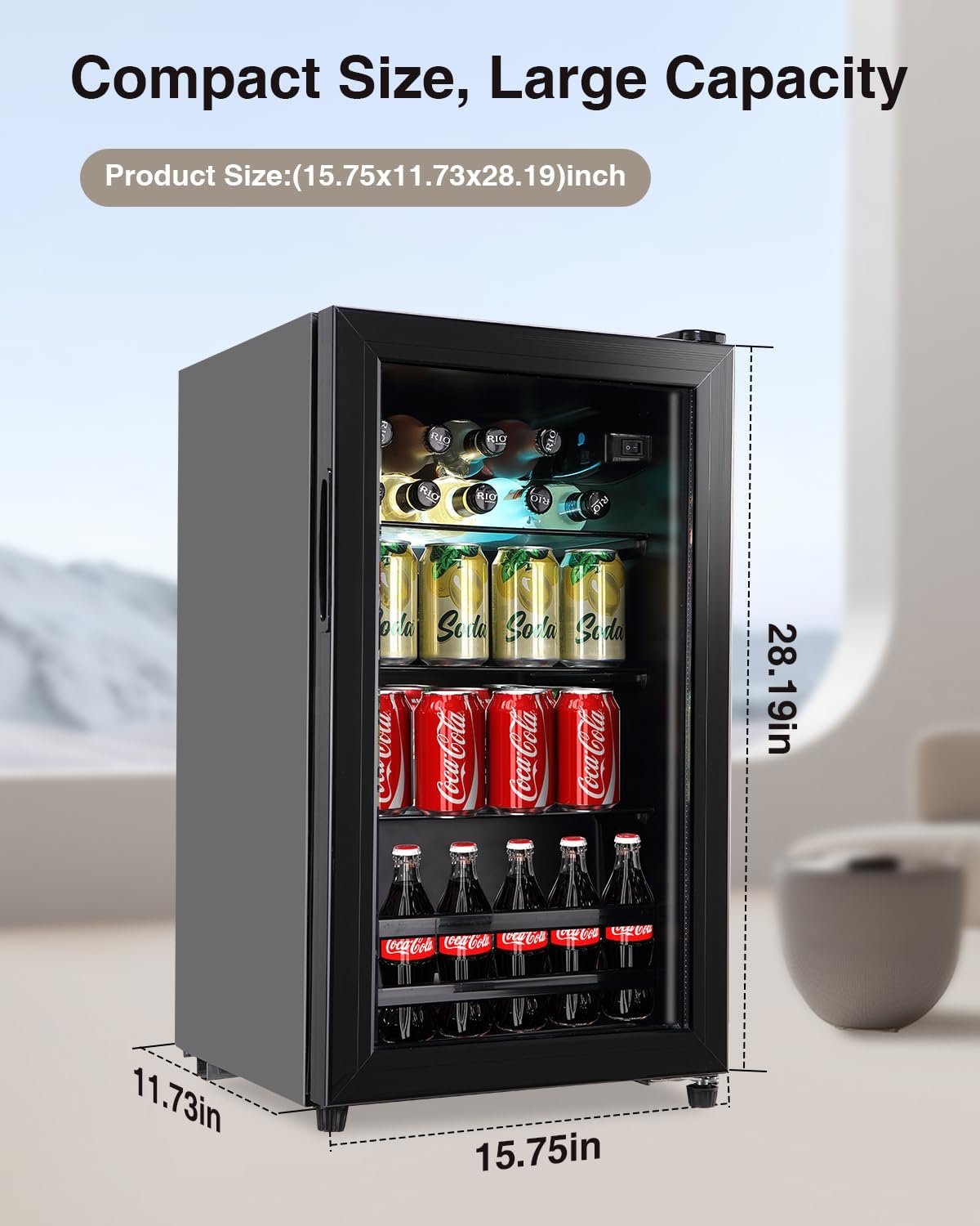 Beverage Refrigerator Cooler - 120 Can Freestanding Beverage Cooler with Glass Door - Small Drink Dispenser Machine for Office or Bar with Adjustable Removable Shelves