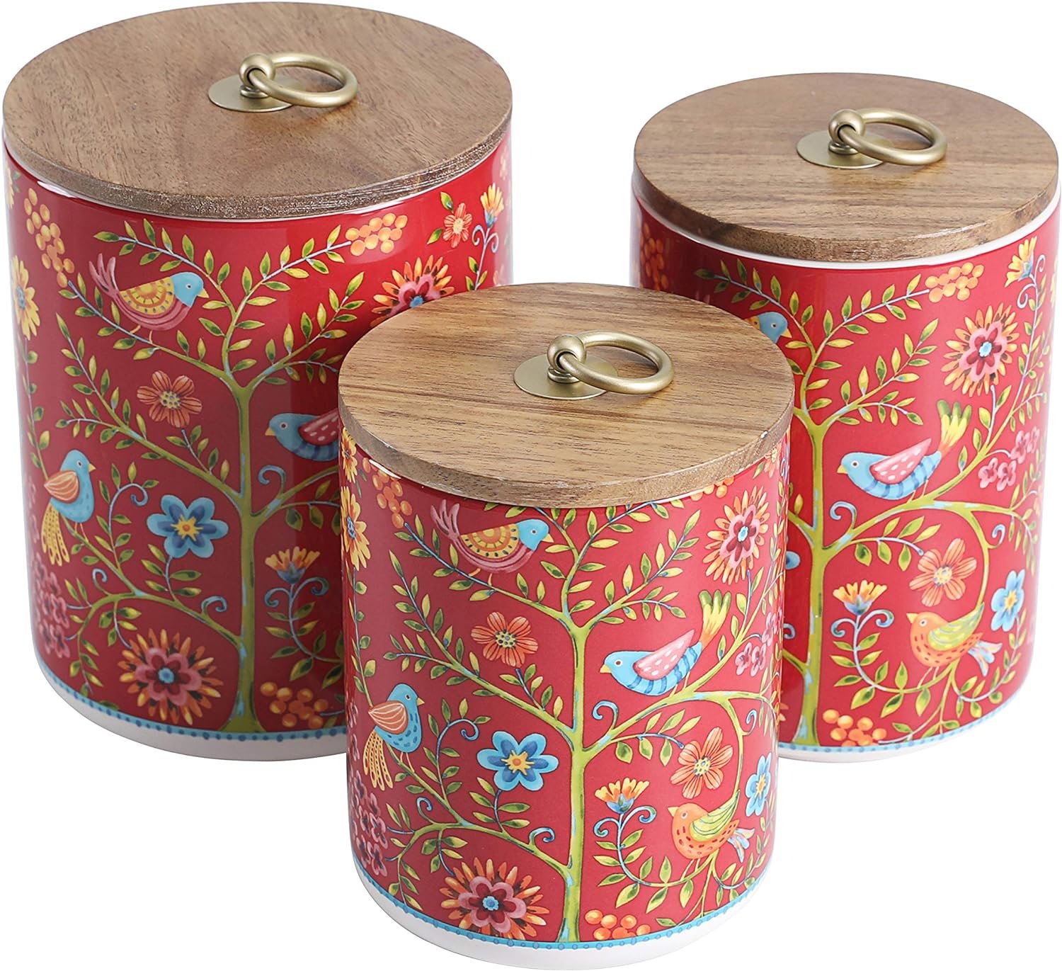 Bico Red Spring Bird Ceramic Canister Set of 3 for Kitchen Counter, 62oz, 40oz, 32oz each, with Wooden Air Tight Lid, Food Storage Jar for storing Coffee, Tea, Spice, Dishwasher Safe