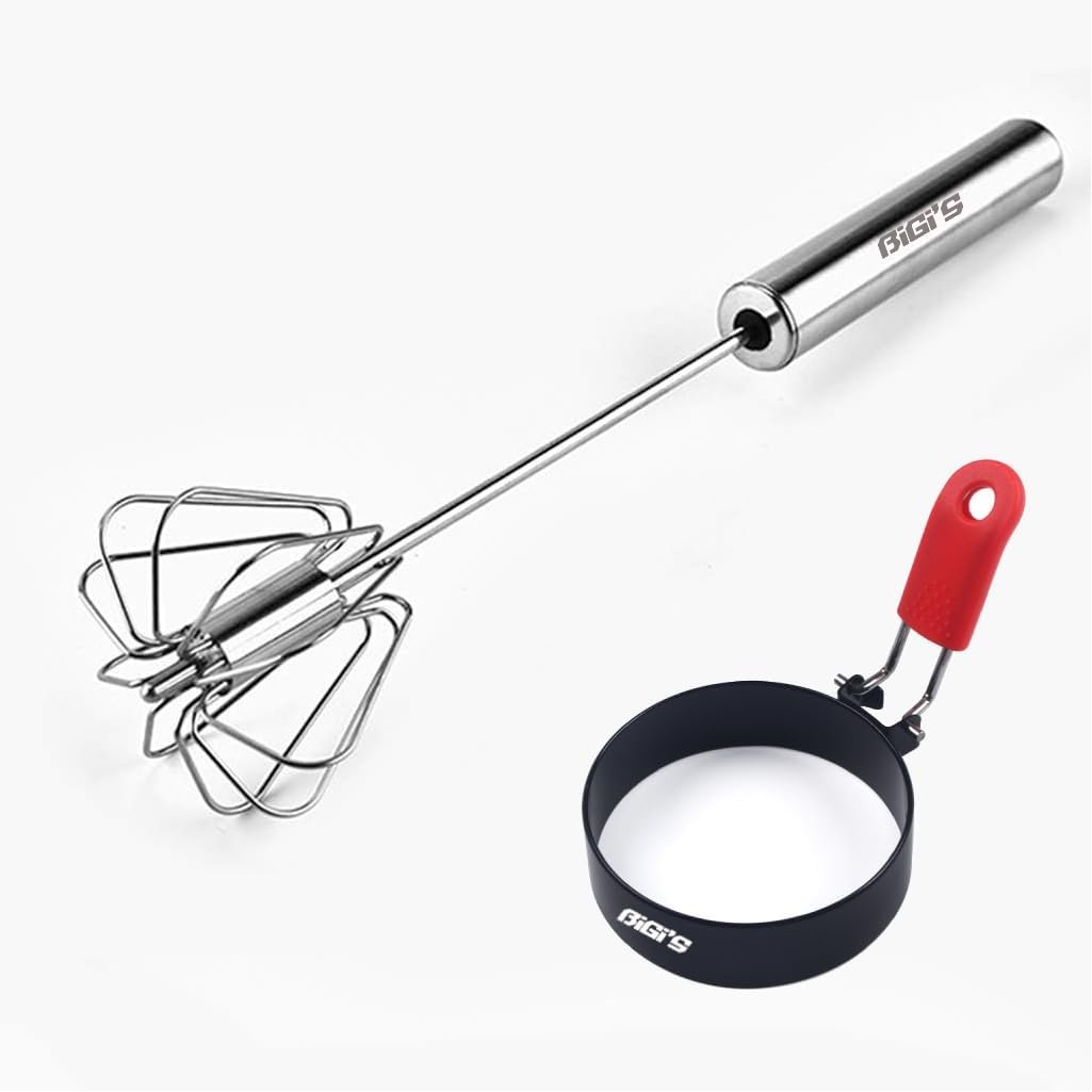BiGiS Egg Whisk  Egg Ring Set, 12 Inch Stainless Steel Semi-Automatic  Nonstick,Gift Set, Sandwich Burger Muffins Pancake Cooking, Blending, Whisking, Beating, Stirring, Portable Grill Accessories