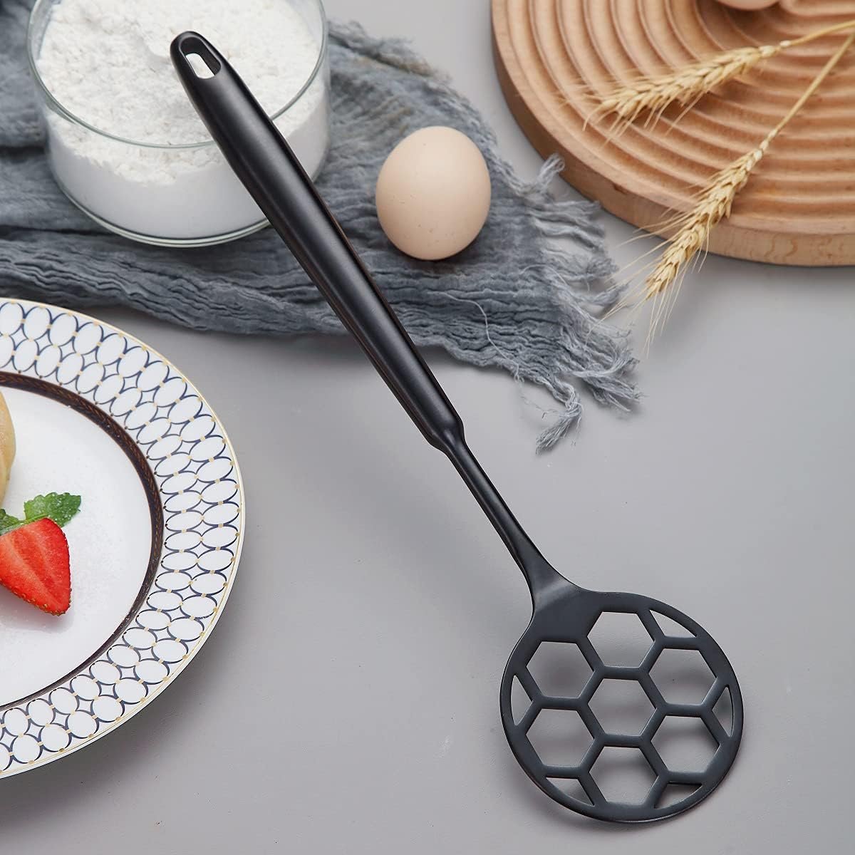 Black Dough Whisk, Sturdy Football Shape Full Stainless Steel Flat Whisks For Cooking And Baking With Black Titanium Plating, No Horking Hold in The Handle For Easy To Clean, Dishwasher Safe