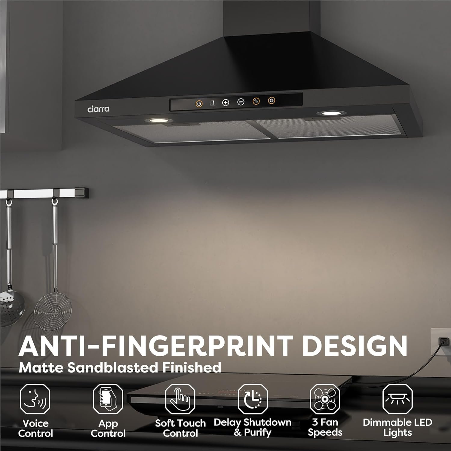 Black Range Hood 30 inch 450 CFM Wall Mount Range Hood with Anti-Fingerprint Design, Stove Hood Vent for Kitchen with 3 Speed Fan, Ducted and Ductless Convertible, CAB75206P