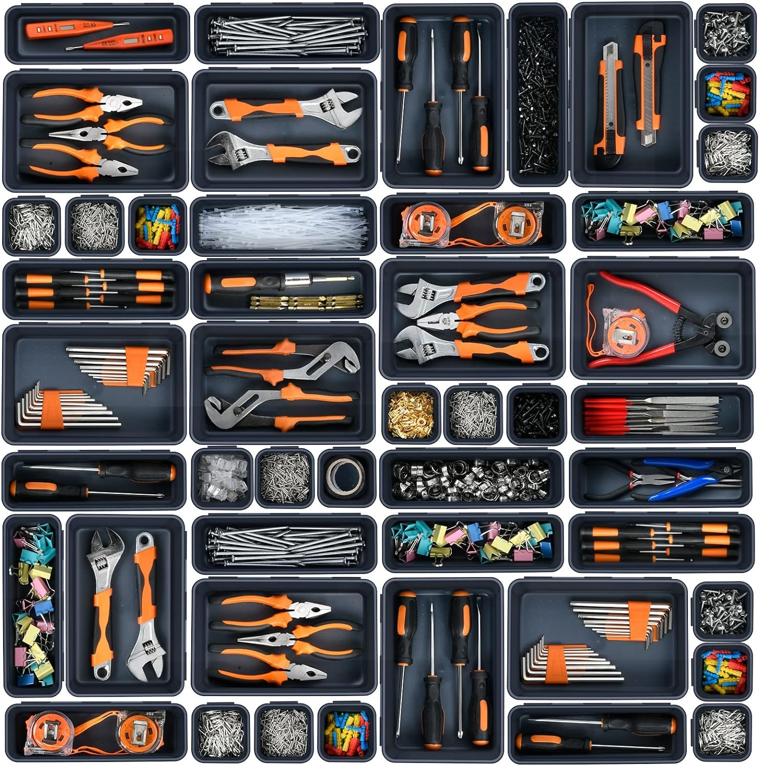 【𝟯𝟮𝗣𝗰𝘀】【Black】A-LUGEI Tool Box Organizer Tray Divider Set, Desk Drawer Organizer, Garage Organization and Storage Toolbox Accessories for Rolling Tool Chest Cart Cabinet Work Bench Parts Hardware