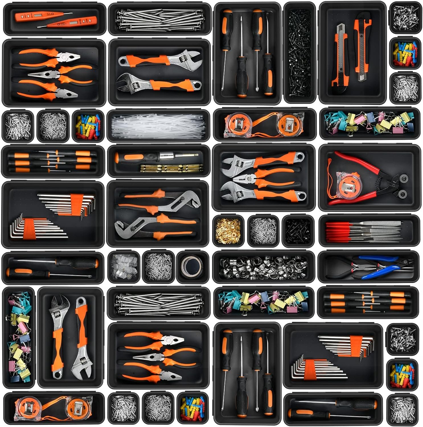 【𝟯𝟮𝗣𝗰𝘀】【Black】A-LUGEI Tool Box Organizer Tray Divider Set, Desk Drawer Organizer, Garage Organization and Storage Toolbox Accessories for Rolling Tool Chest Cart Cabinet Work Bench Parts Hardware