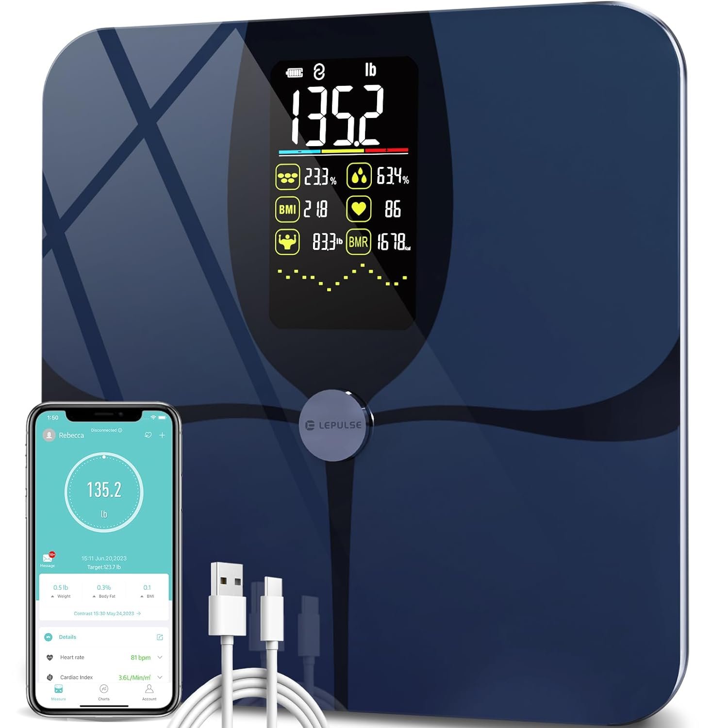 Body Fat Scale, Lepulse Large Display Scale for Body Weight, Accurate Digital Bathroom Scale, Rechargeable BMI Smart Weight Scale with Body Fat Muscle Heart Rate, 15 Body Composition, FSA/HSA eligible