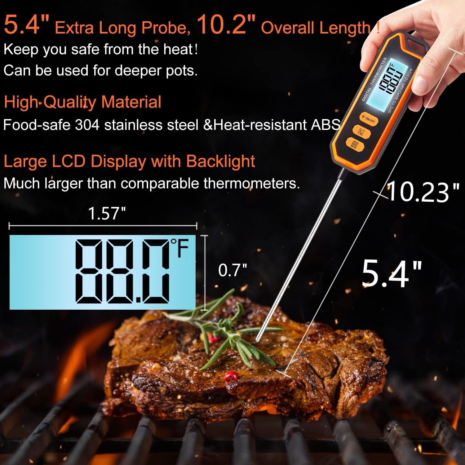 BOMATA Waterproof IPX7 Thermometer with 5.4 Long Probe. Instant Read Thermometer for Food, Liquid, Candle, Cooking and BBQ ! with Backlight, Calibration, Auto Recording Function. T201 B