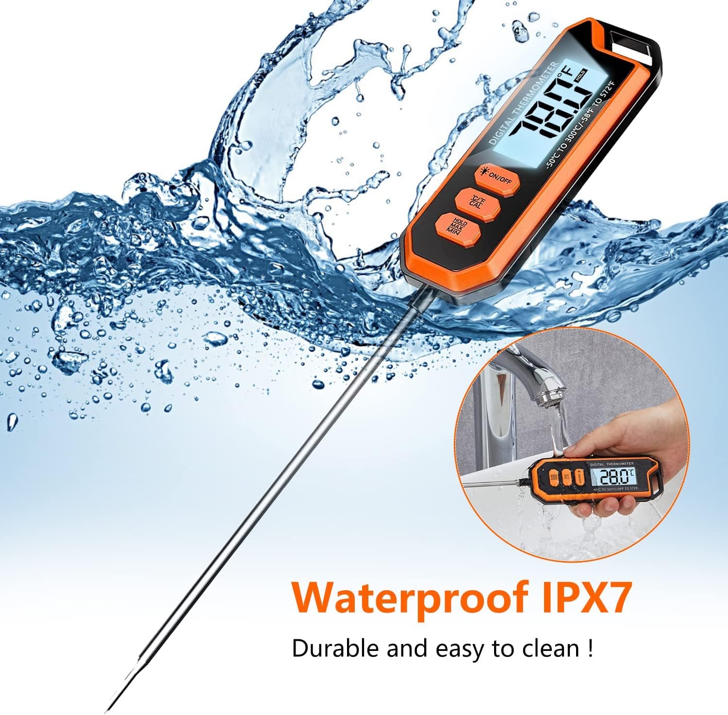 BOMATA Waterproof IPX7 Thermometer with 5.4 Long Probe. Instant Read Thermometer for Food, Liquid, Candle, Cooking and BBQ ! with Backlight, Calibration, Auto Recording Function. T201 B