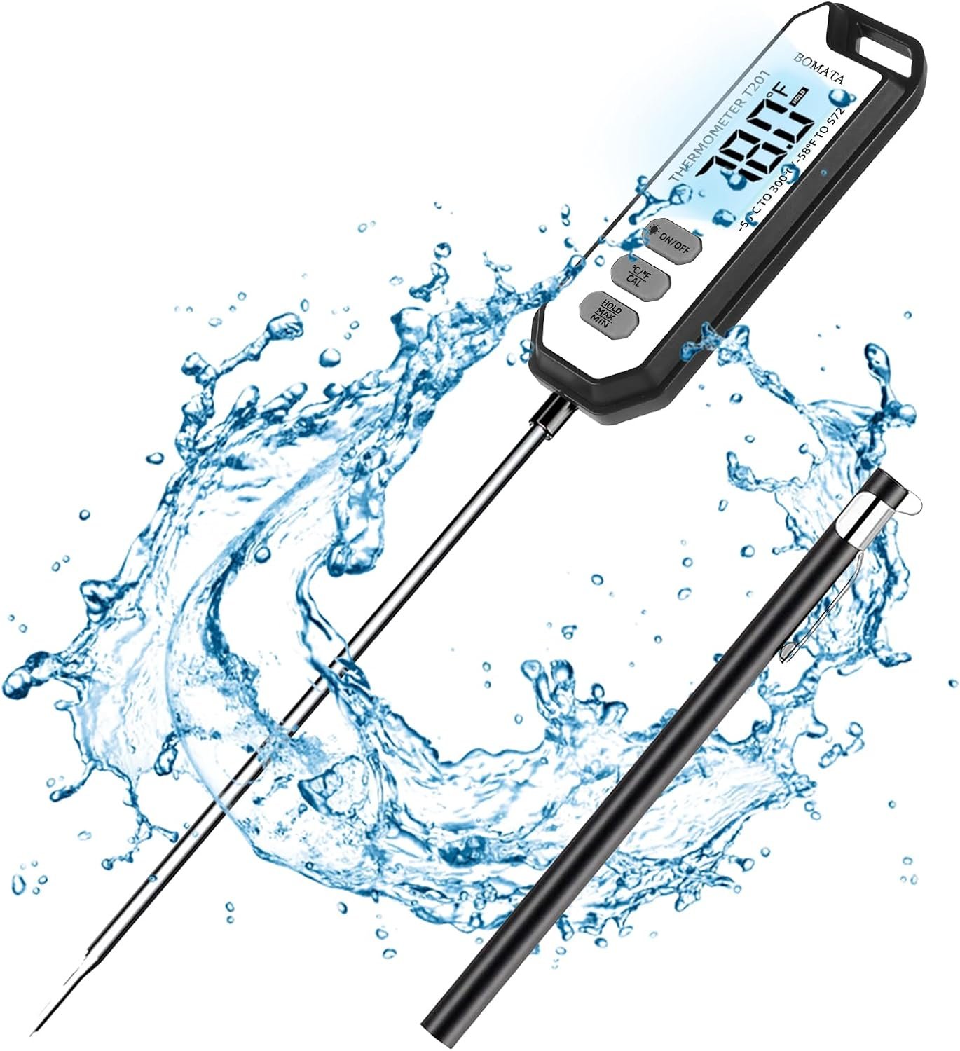 BOMATA Waterproof IPX7 Thermometer with 5.4 Long Probe. Instant Read Thermometer for Food, Liquid, Candle, Cooking and BBQ ! with Backlight, Calibration, Auto Recording Function. T201 B