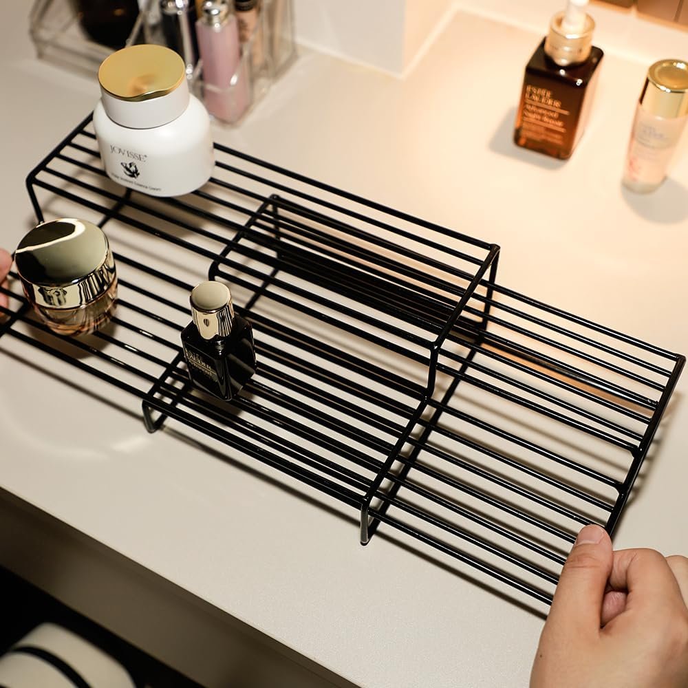 BOSMIMEO 2 Tier Adjustable Display Stand Set Perfume Organizer Stepped Display Holder Expandable Spice Shelf Rack for Vanity Countertop Cabinet, 2 pack, Black BOSMIMEO 2 Tier Adjustable Display Stand Set Perfume Organizer Stepped Display Holder Expandable Spice Shelf Rack for Vanity Countertop Cabinet, 2 pack, Black