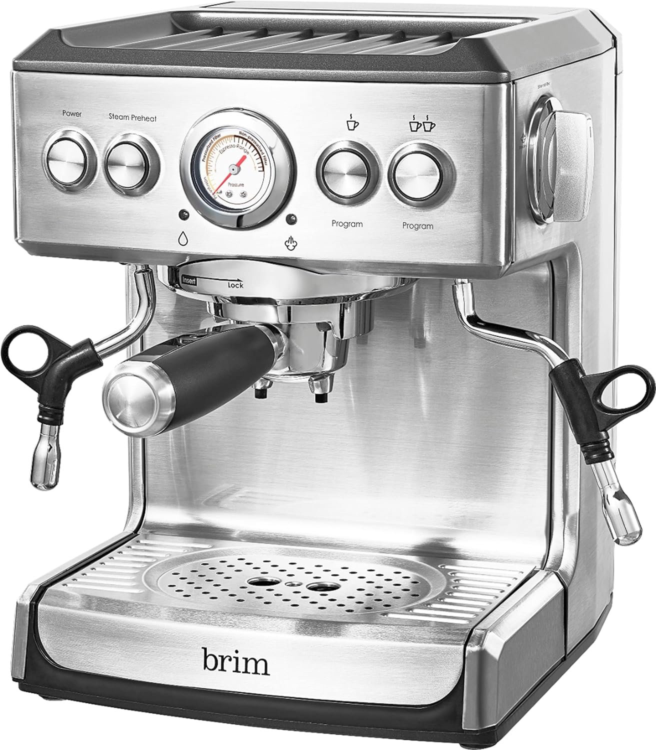 brim 19 Bar Espresso Machine, Fast Heating Cappuccino, Americano, Latte and Espresso Maker, Milk Steamer and Frother, Removable Parts for Easy Cleaning, Stainless Steel with Wood Accents